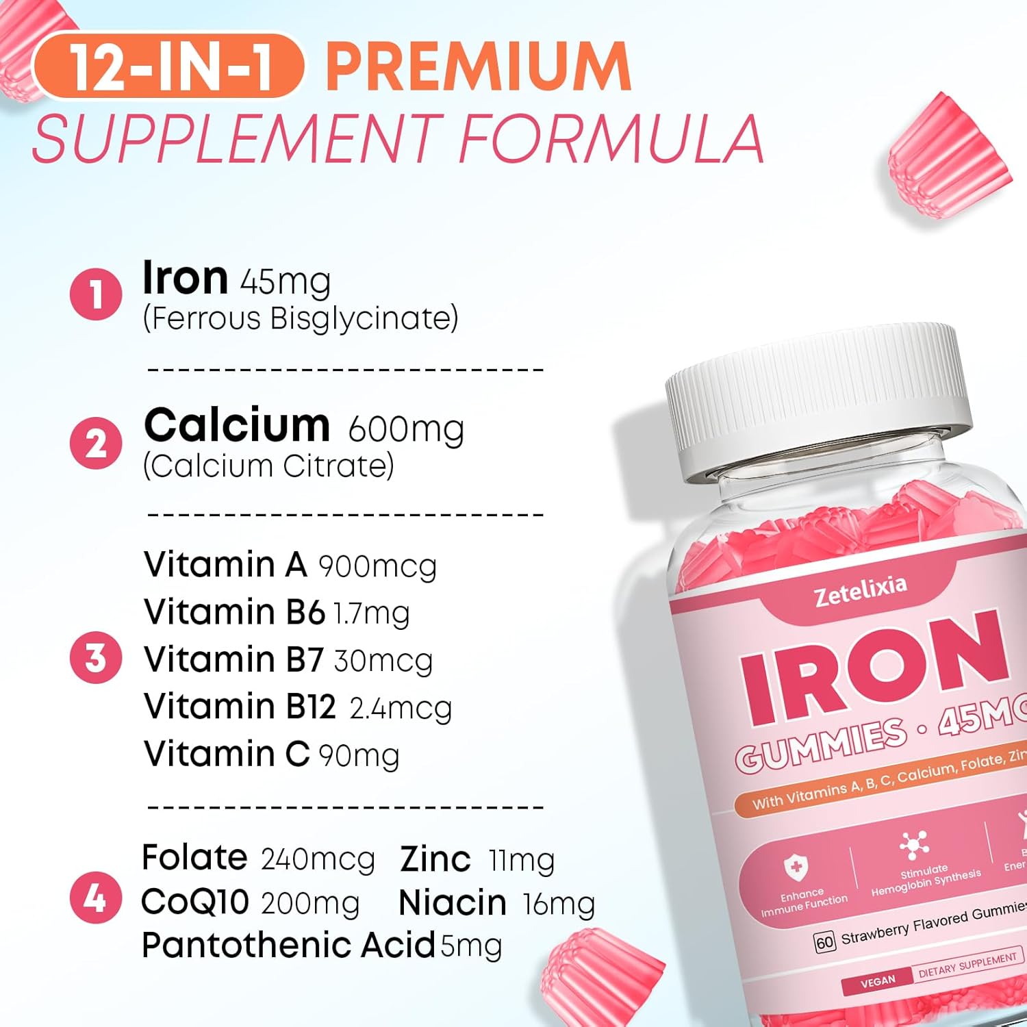 Vegan Iron Supplement Gummies with Vitamins for Energy Support, Anemia, 2 Pack, 120 Count