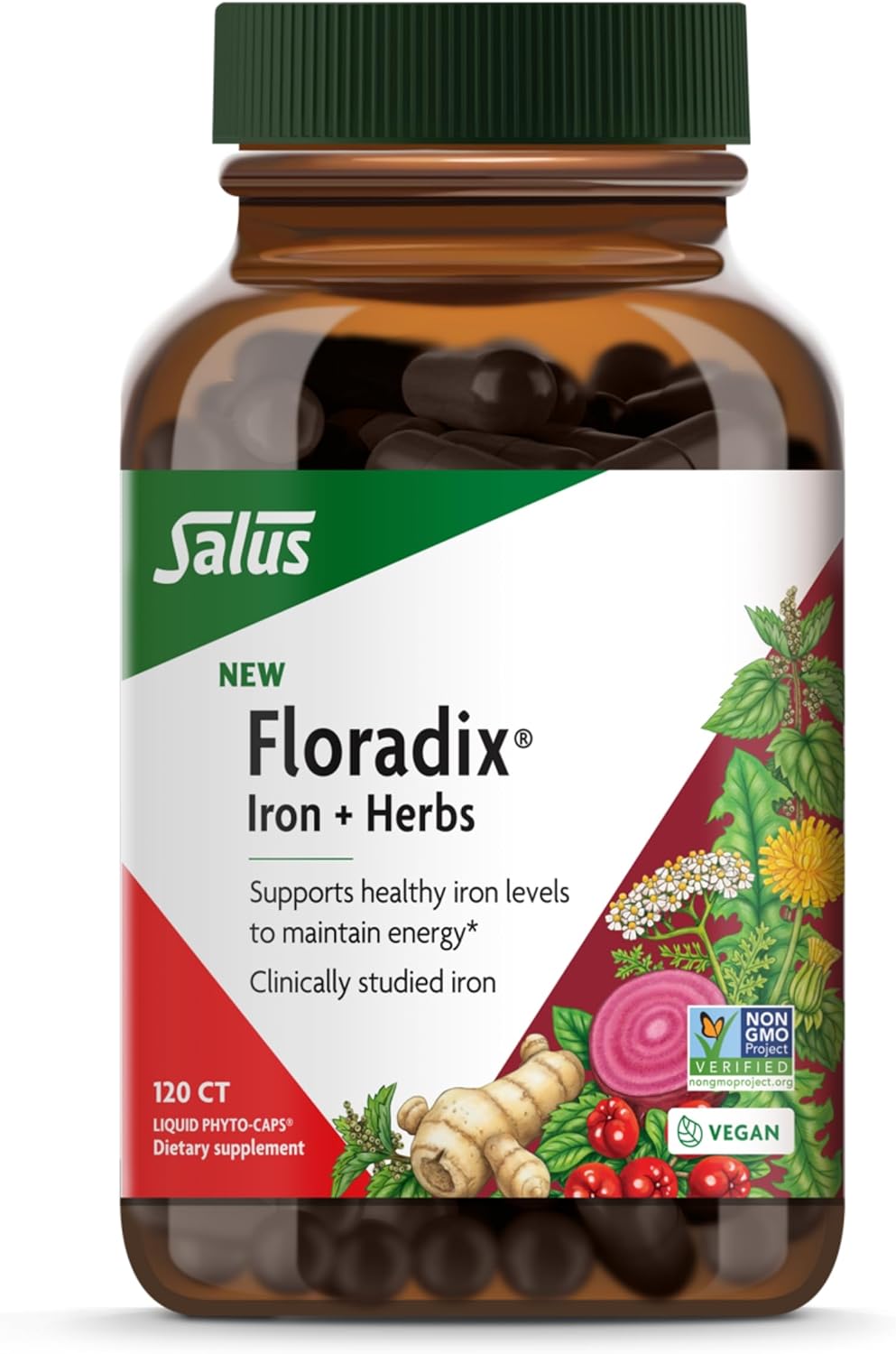 Vegan Iron Supplement with Herbs for Healthy Energy Support - Non-GMO, Gluten-Free, Soy-Free - 120 Liquid Capsules