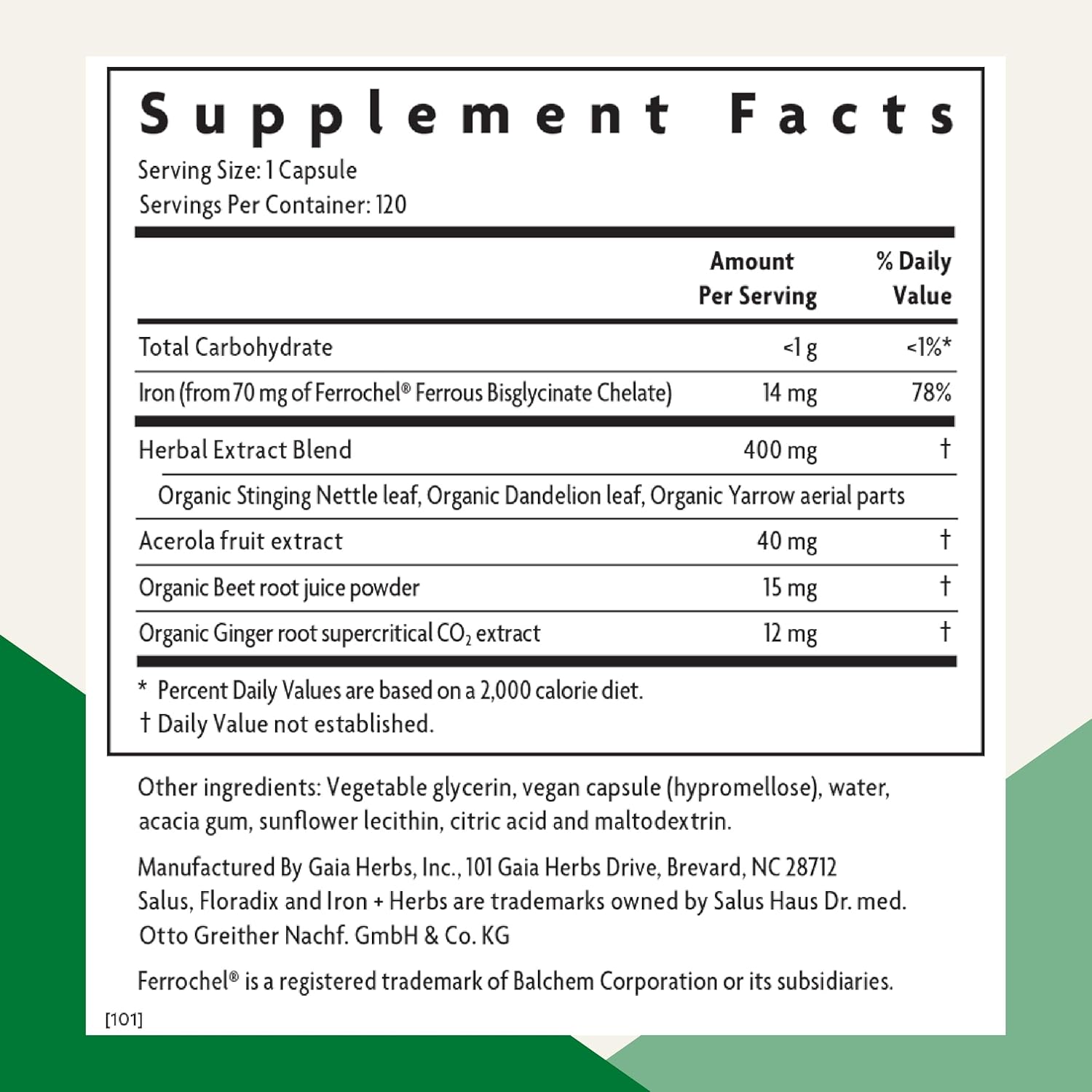 Vegan Iron Supplement with Herbs for Healthy Energy Support - Non-GMO, Gluten-Free, Soy-Free - 120 Liquid Capsules