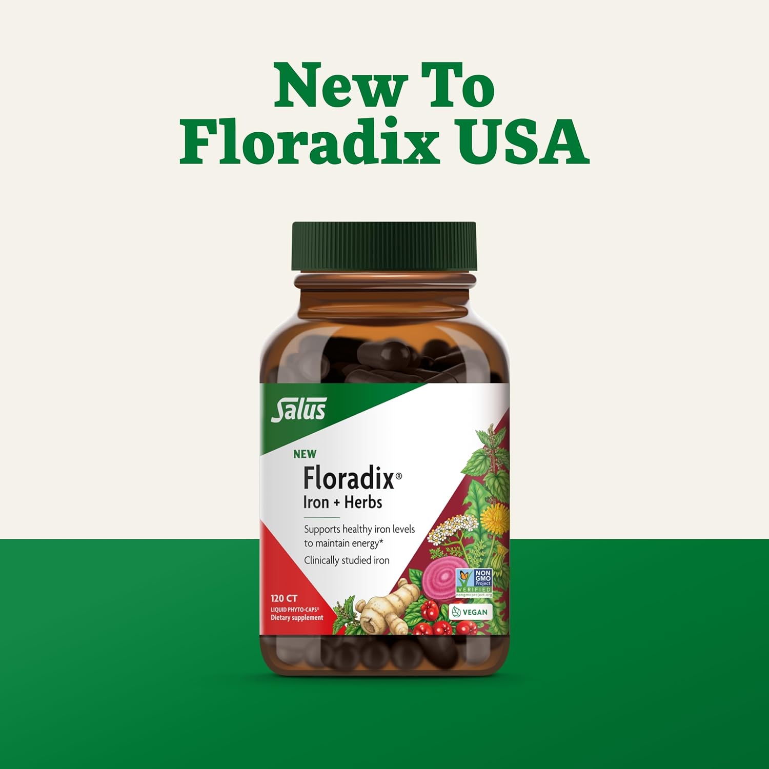 Vegan Iron Supplement with Herbs for Healthy Energy Support - Non-GMO, Gluten-Free, Soy-Free - 120 Liquid Capsules