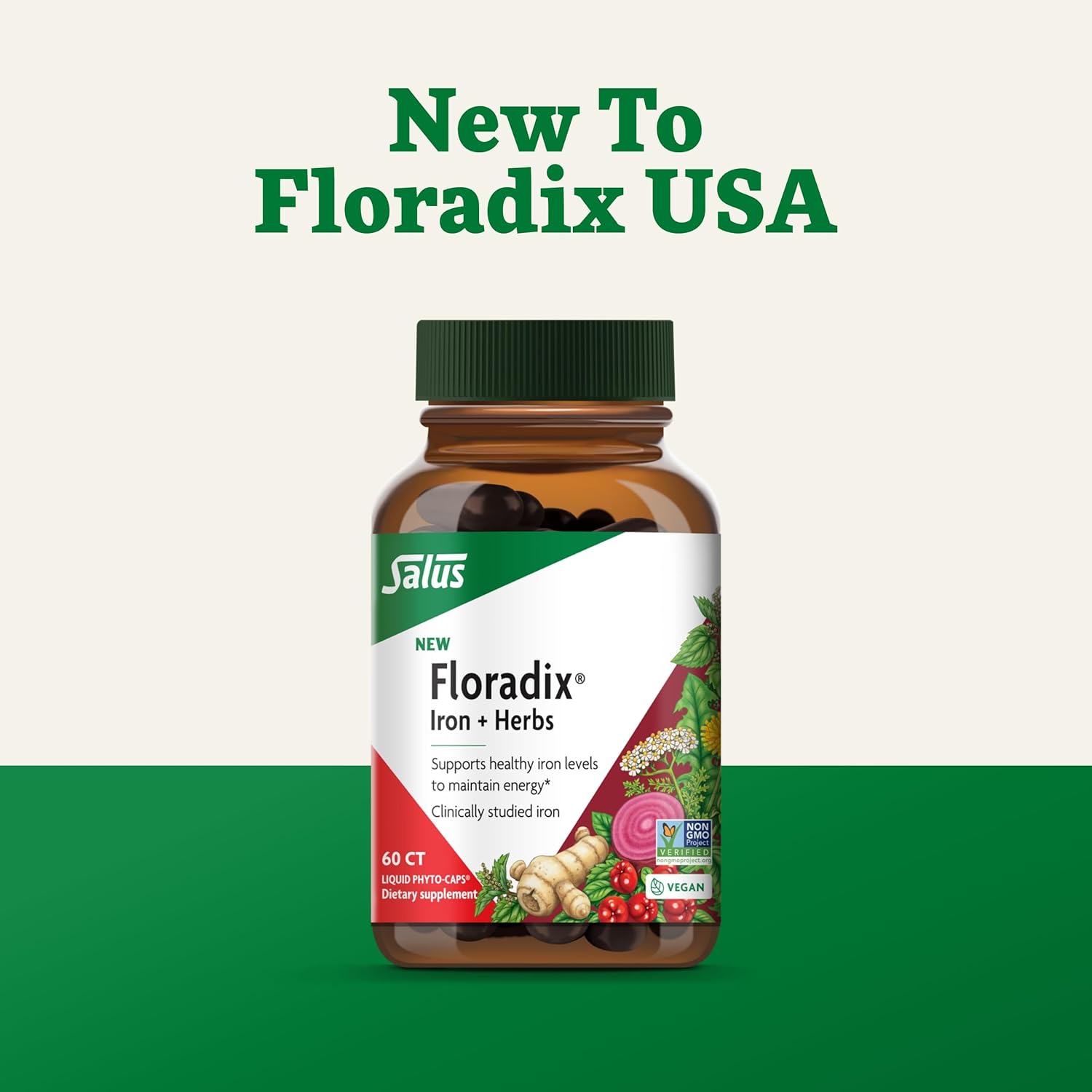 Vegan Iron Supplement with Herbs for Healthy Energy Support - Non-GMO, Gluten-Free, Soy-Free - 60 Liquid Phyto-Caps
