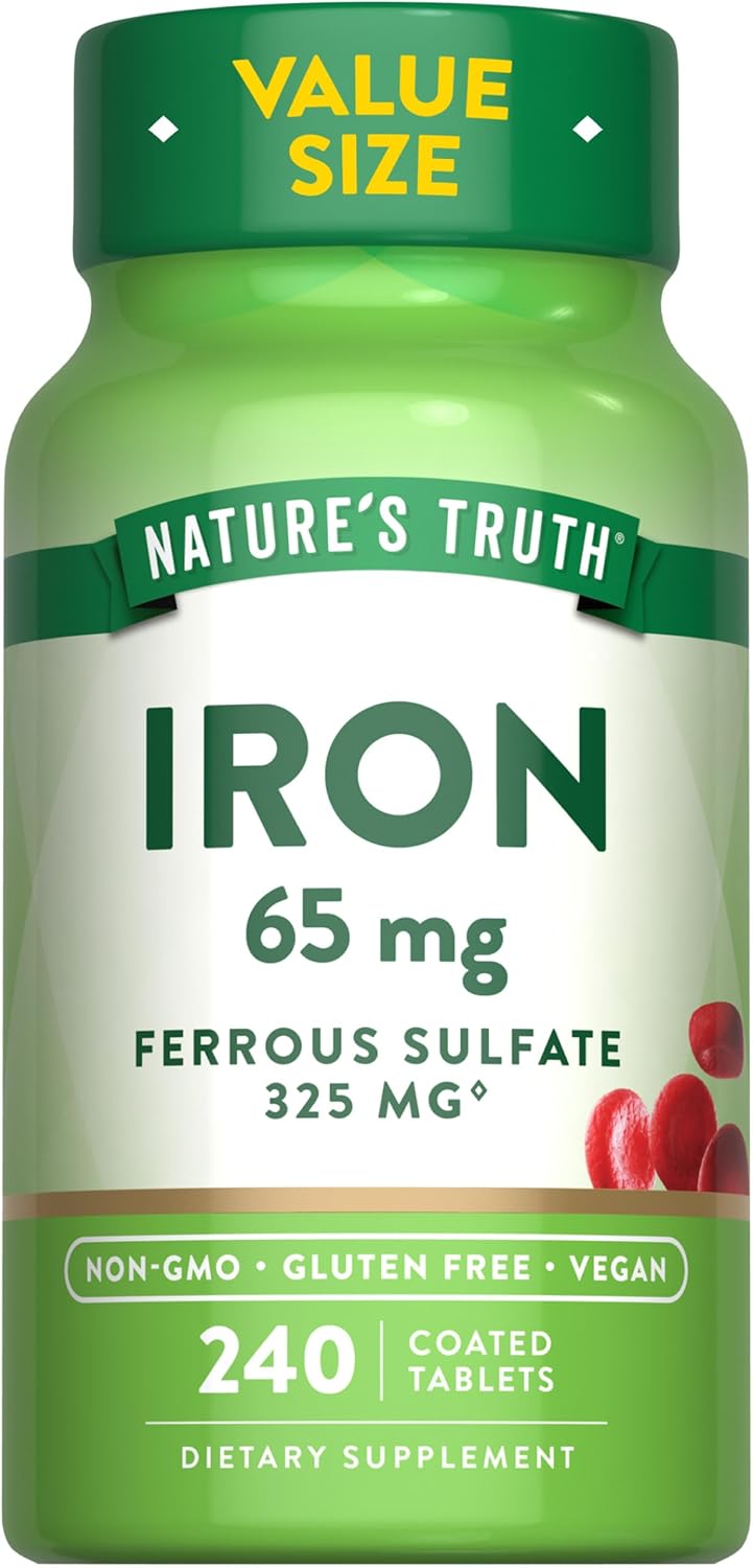 Vegan Iron Tablets 65mg | 240 Count | Non-GMO & Gluten Free | Ferrous Sulfate Supplement
