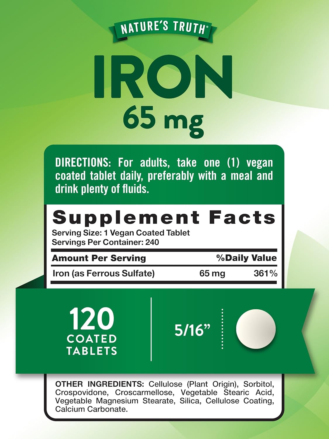 Vegan Iron Tablets 65mg | 240 Count | Non-GMO & Gluten Free | Ferrous Sulfate Supplement