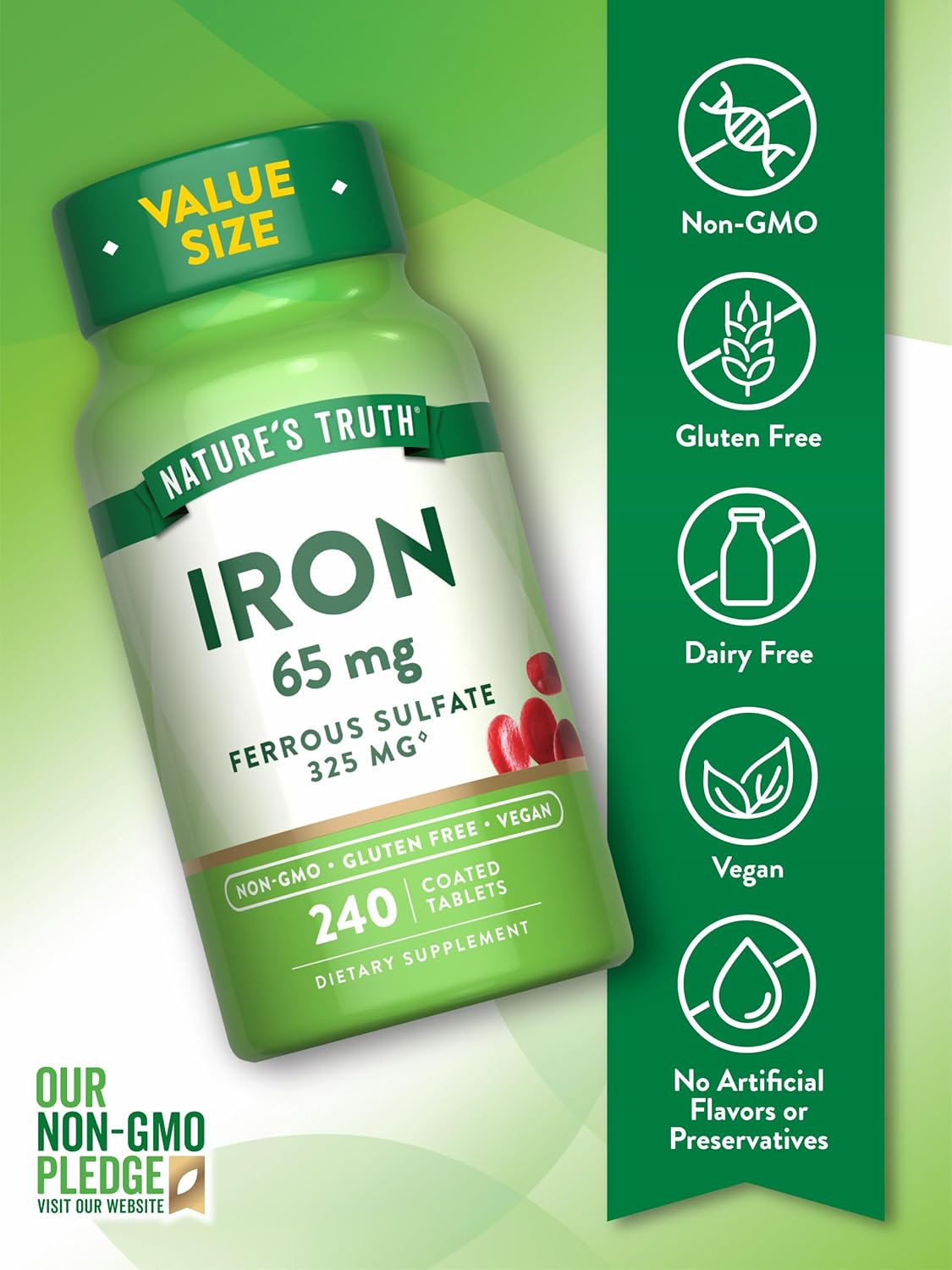 Vegan Iron Tablets 65mg | 240 Count | Non-GMO & Gluten Free | Ferrous Sulfate Supplement