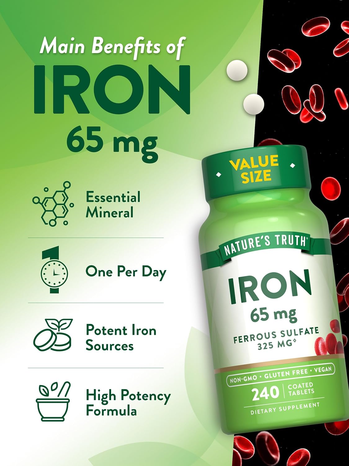 Vegan Iron Tablets 65mg | 240 Count | Non-GMO & Gluten Free | Ferrous Sulfate Supplement
