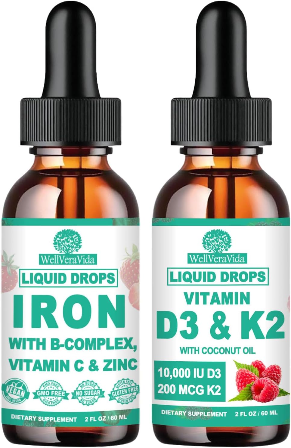 Vegan Iron+D3 K2 Vitamin Bundle with B-Complex and Vitamin C for Overall Well-Being