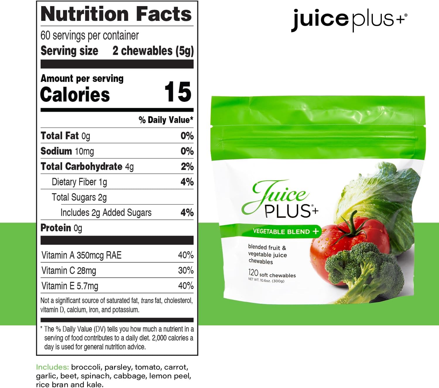 Vegan Juice Plus+ Vegetable Blend Soft Chews - Nutrient-Rich Gummies with Broccoli, Parsley, Spinach, Beets - 120 Chewables for All Ages