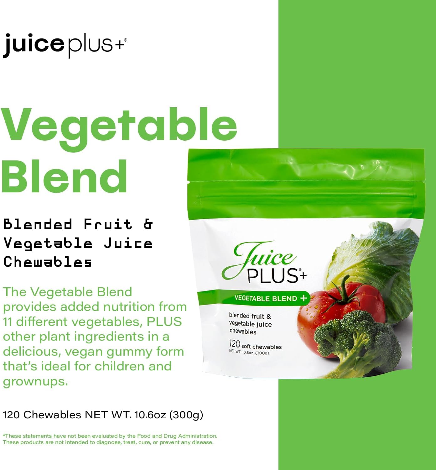 Vegan Juice Plus+ Vegetable Blend Soft Chews - Nutrient-Rich Gummies with Broccoli, Parsley, Spinach, Beets - 120 Chewables for All Ages