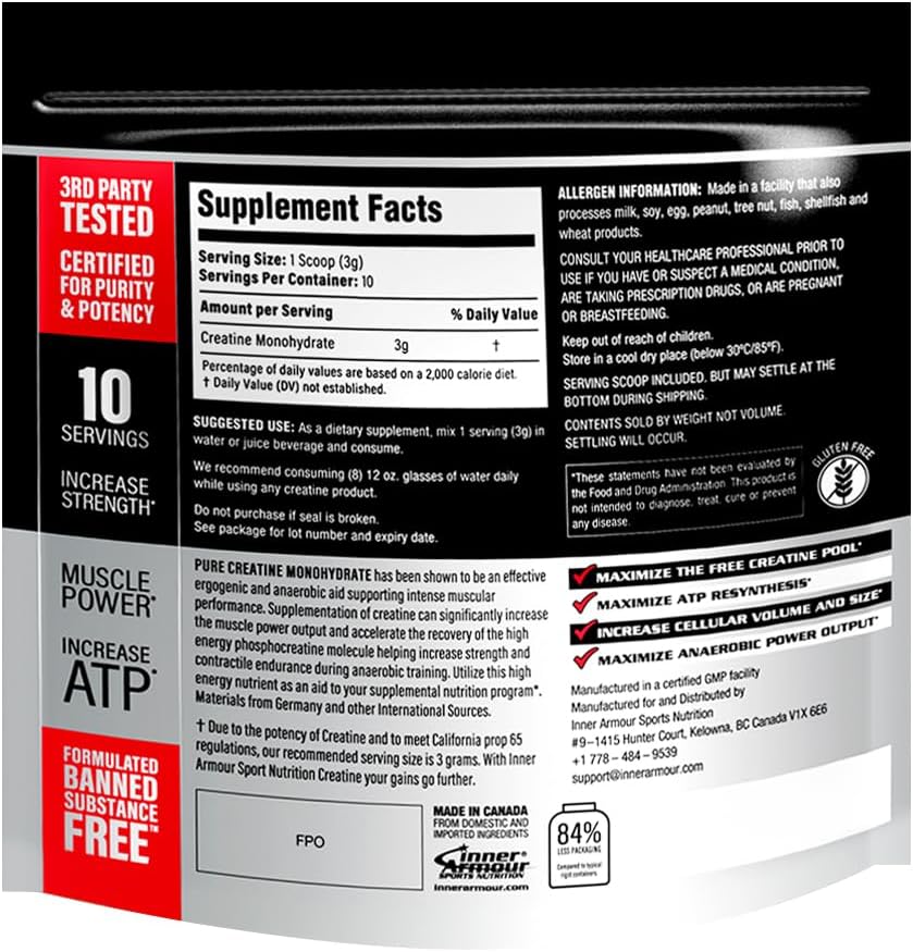 Vegan Keto-Friendly Creatine Monohydrate Powder for Muscle Strength and Endurance - Fast Dissolving, Flavor-Free - 30g, 10 Servings
