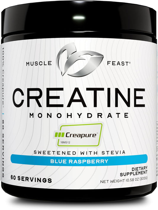 Vegan Keto-Friendly Gluten-Free Creapure Creatine Monohydrate Powder for Muscle Recovery and Growth - Natural Blue Raspberry Flavor, 300g