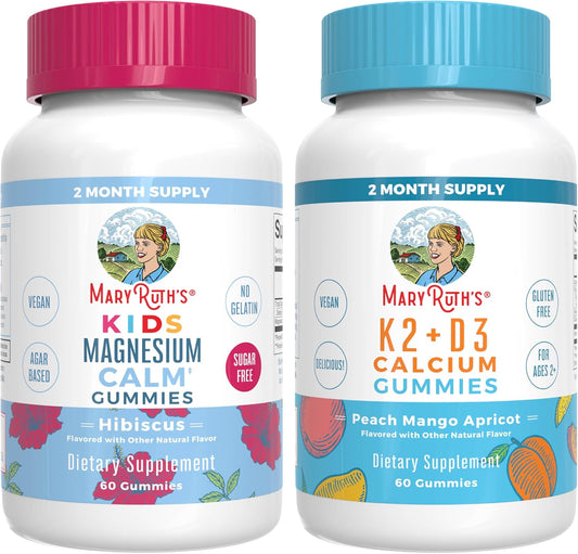 Vegan Kids Magnesium Calm Gummies with Vitamin K2+D3 for Sleep, Bone Support & Health - Hibiscus & Peach Mango Apricot Flavors