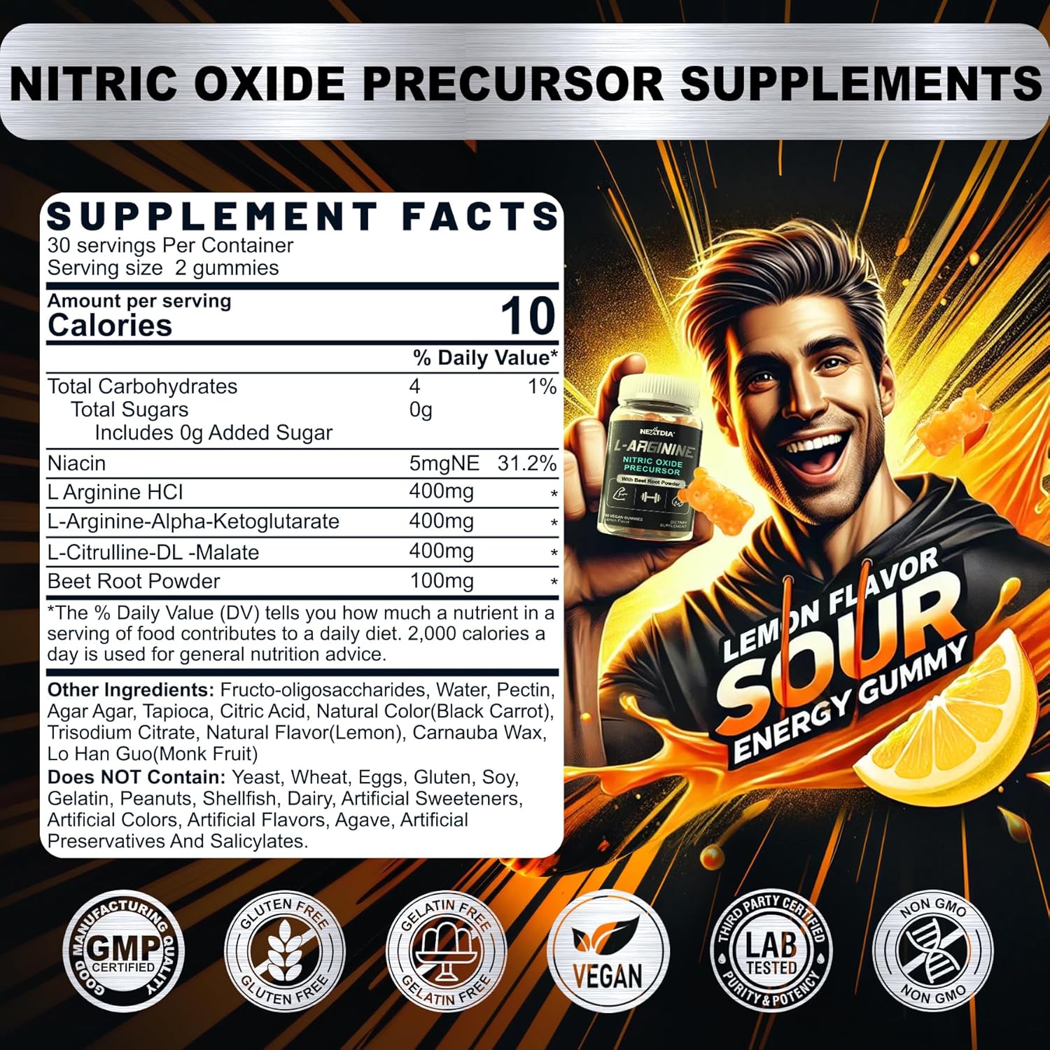 Vegan L Arginine Nitric Oxide Gummies 1300mg with L Citrulline and Beet Root for Performance and Muscle Growth - 120 Count