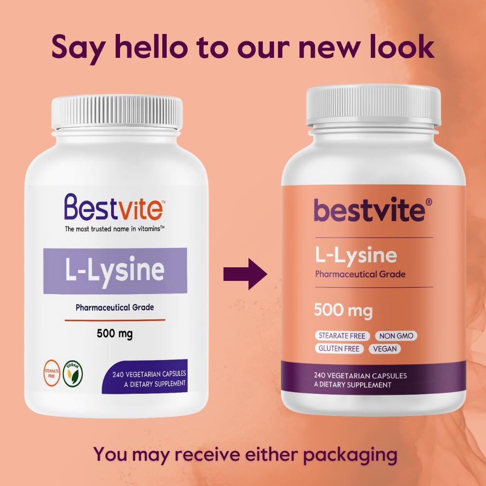 Vegan L-Lysine 500mg Capsules (240 Count) - Non GMO, Gluten Free, No Fillers or Flow Agents - Vegetarian Friendly