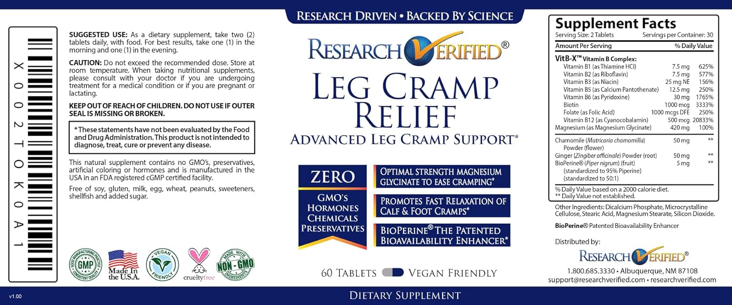 Vegan Leg Cramp Supplement with Magnesium, B Vitamins, Ginger, Chamomile, BioPerine - Circulation Support - 1 Month Supply