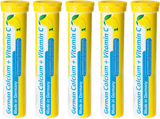Vegan Lemon Lime Effervescent Calcium + Vitamin C Tablets - 100 Count - Made in Germany