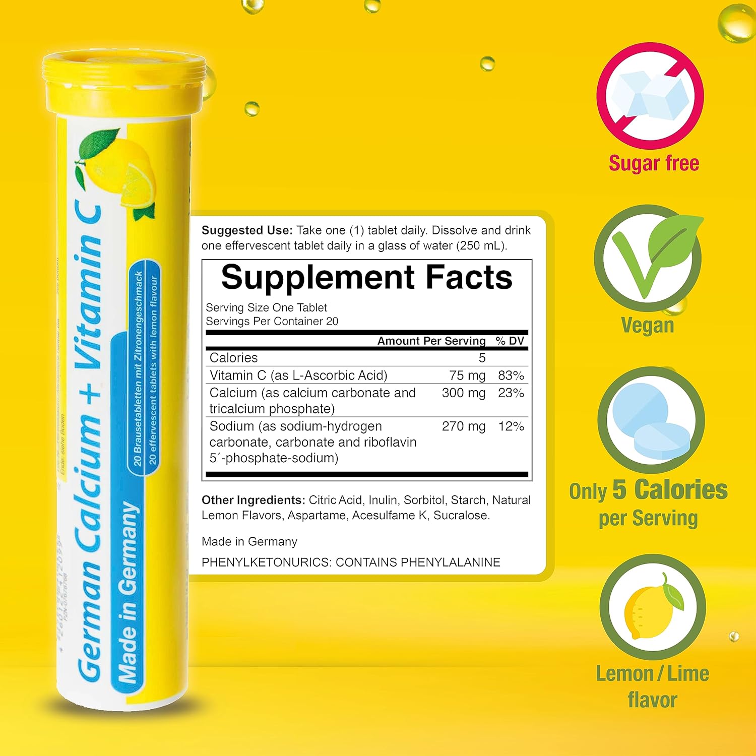 Vegan Lemon Lime Effervescent Calcium + Vitamin C Tablets - 100 Count - Made in Germany