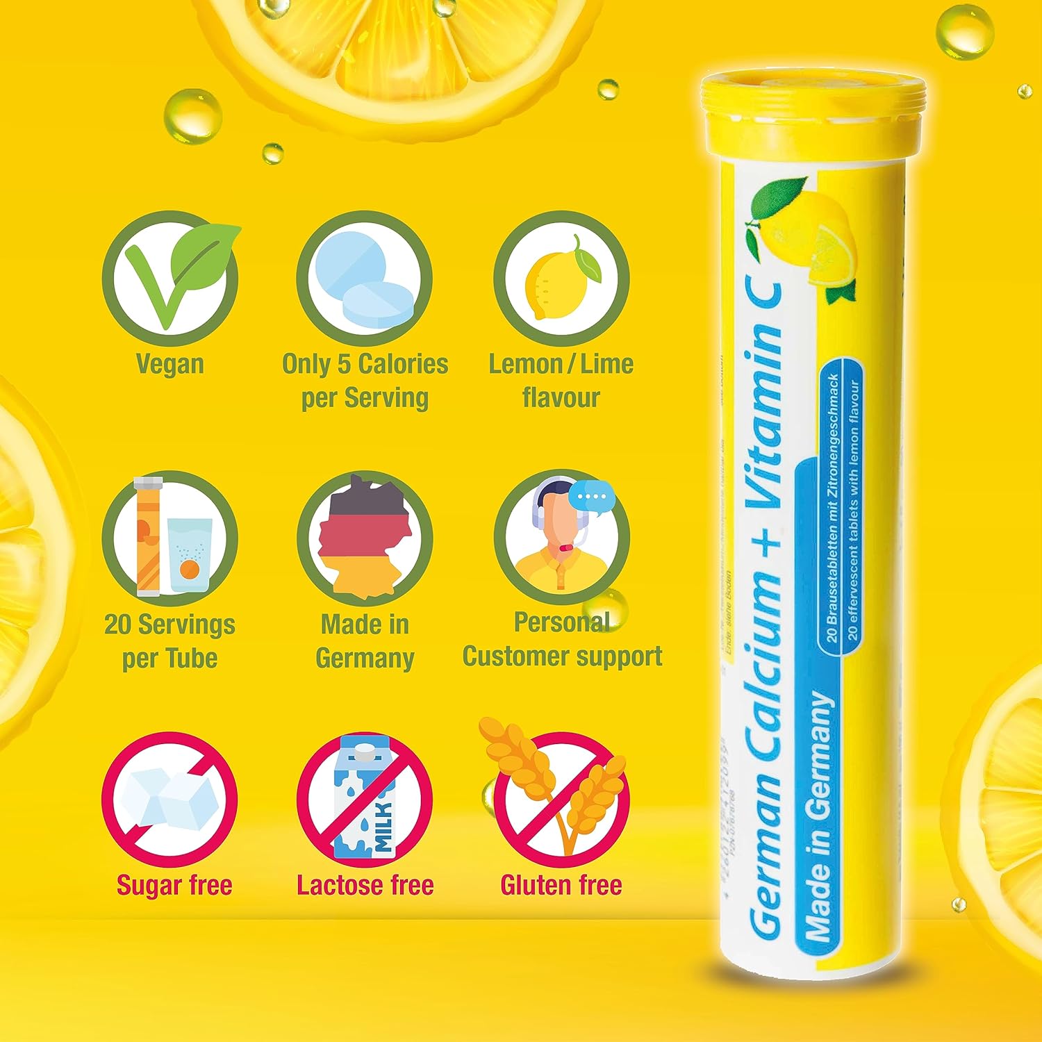 Vegan Lemon Lime Effervescent Calcium + Vitamin C Tablets - 100 Count - Made in Germany