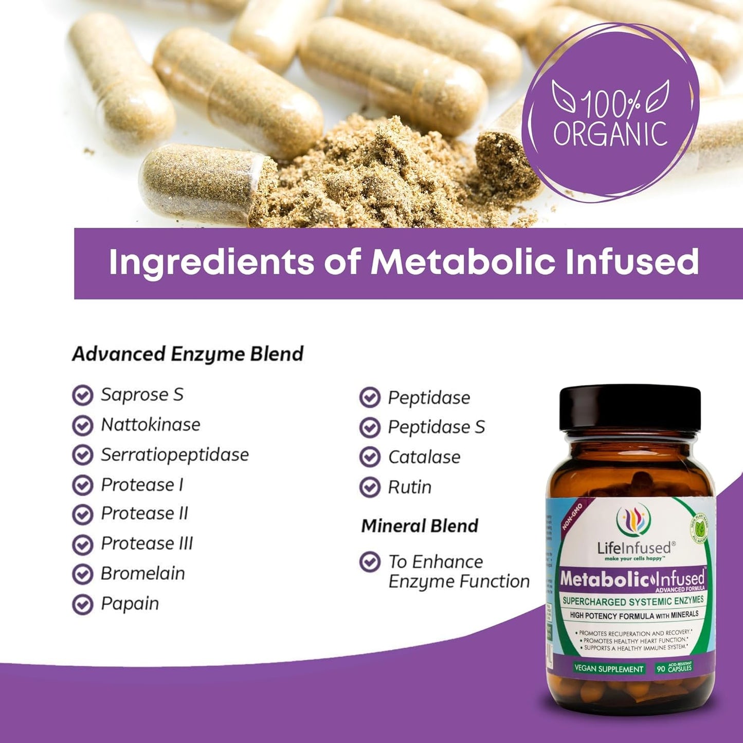 Vegan Life Infused Metabolic Support with 11 Enzymes & 72 Minerals for Immune Health - 90 Servings
