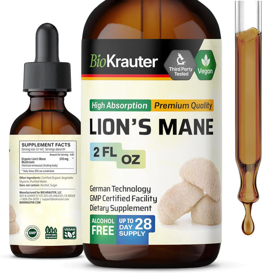 Vegan Lions Mane Liquid Extract - Mushroom Brain Support Supplement - Alcohol & Sugar Free Drops - 2 Fl.Oz.