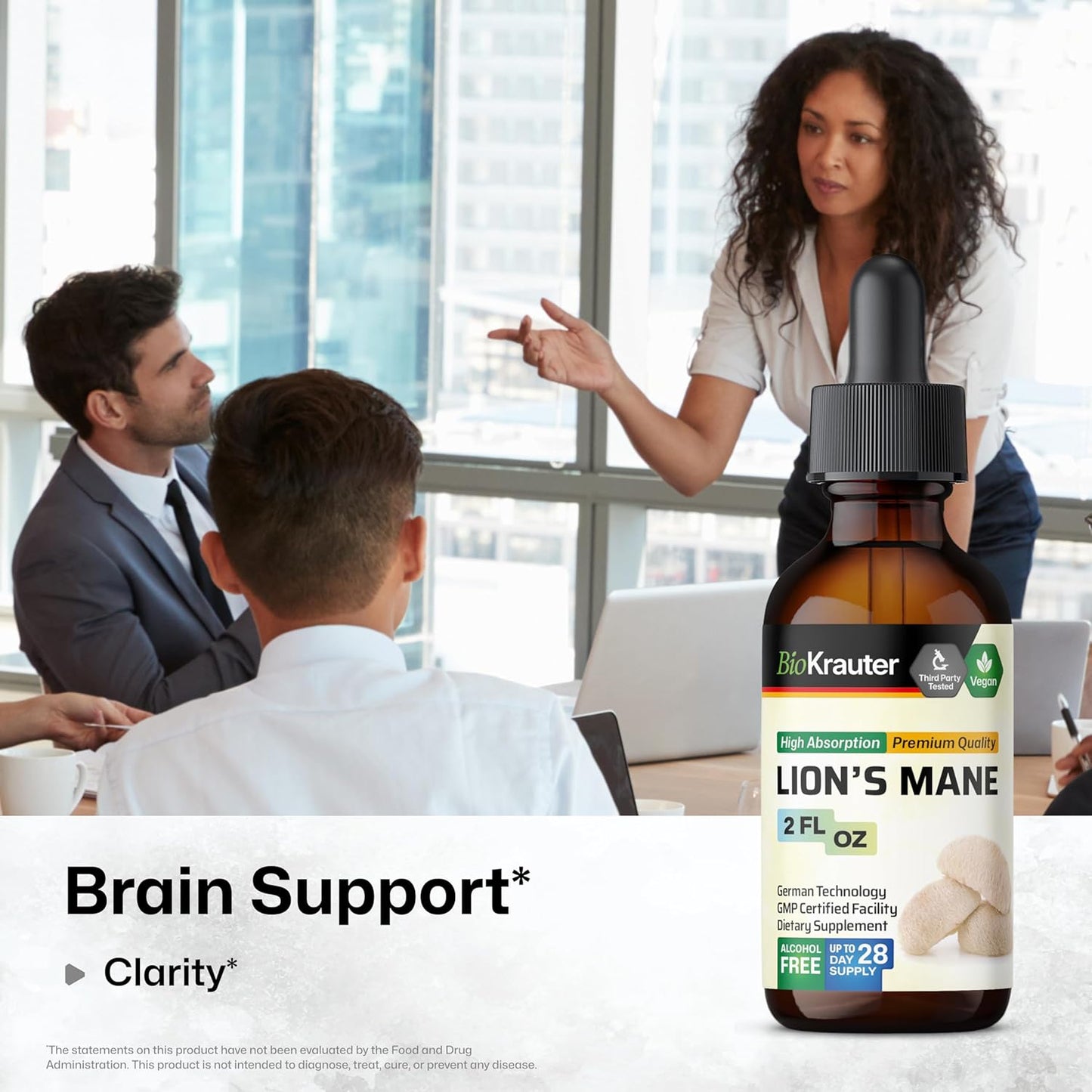 Vegan Lions Mane Liquid Extract - Mushroom Brain Support Supplement - Alcohol & Sugar Free Drops - 2 Fl.Oz.