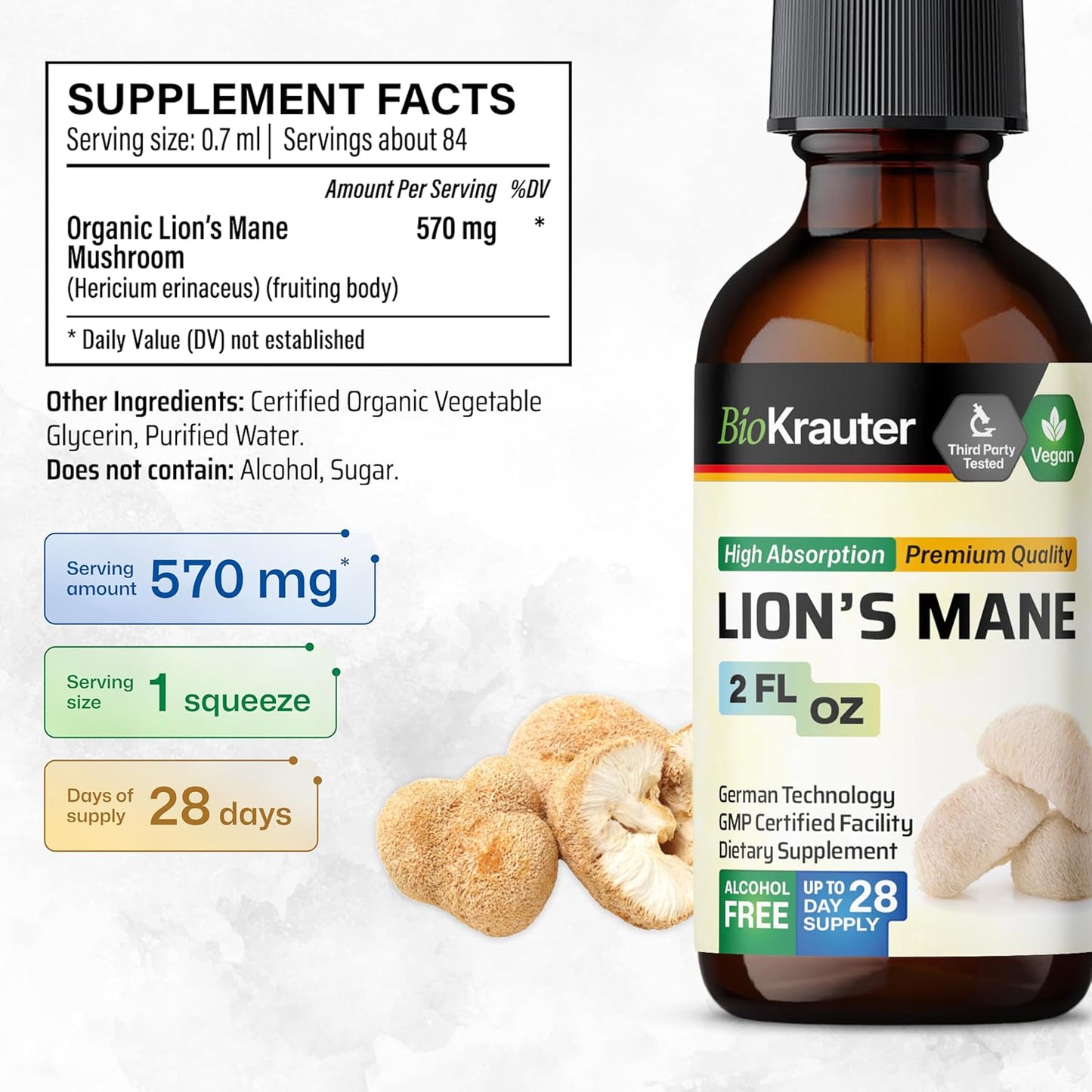 Vegan Lions Mane Liquid Extract - Mushroom Brain Support Supplement - Alcohol & Sugar Free Drops - 2 Fl.Oz.