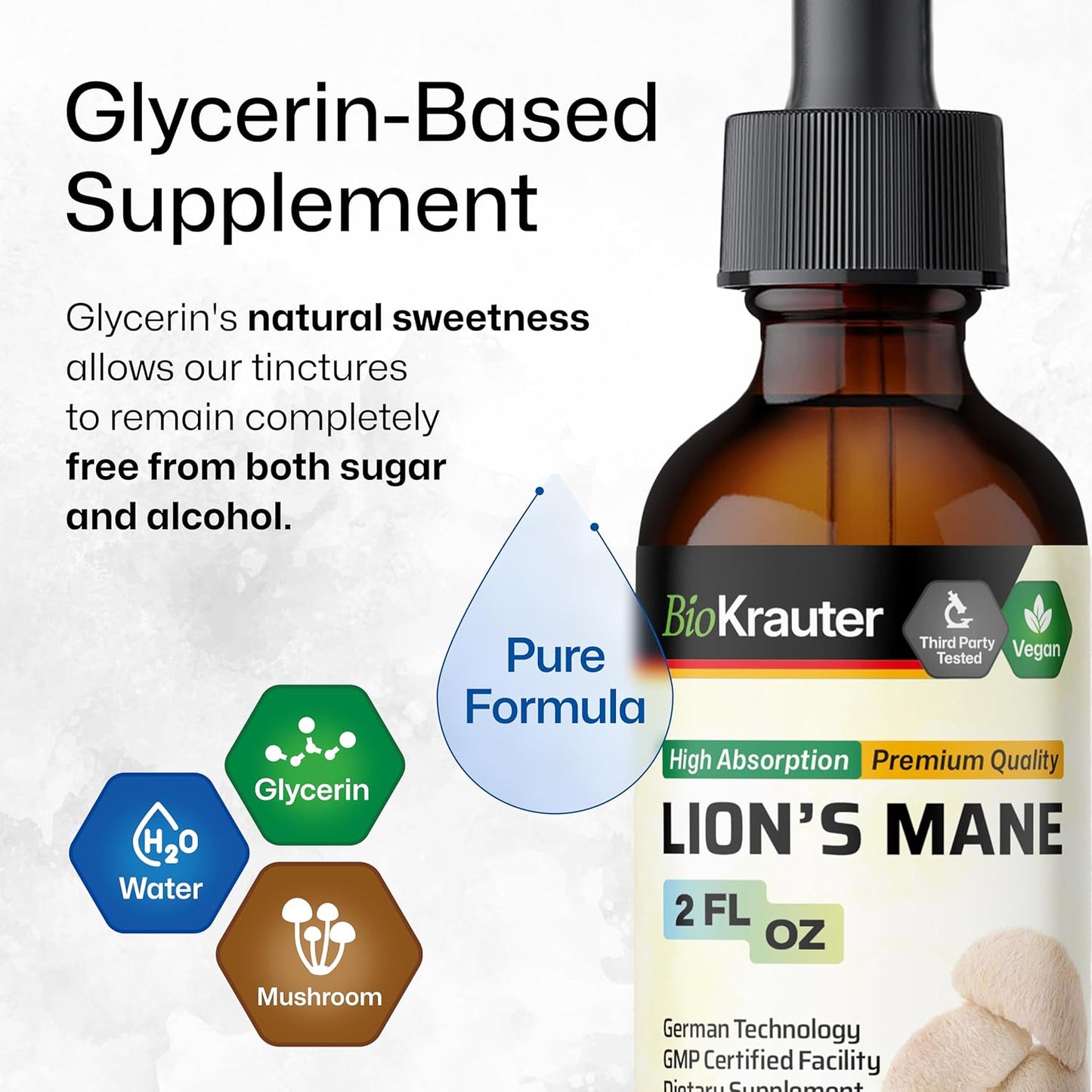 Vegan Lions Mane Liquid Extract - Mushroom Brain Support Supplement - Alcohol & Sugar Free Drops - 2 Fl.Oz.