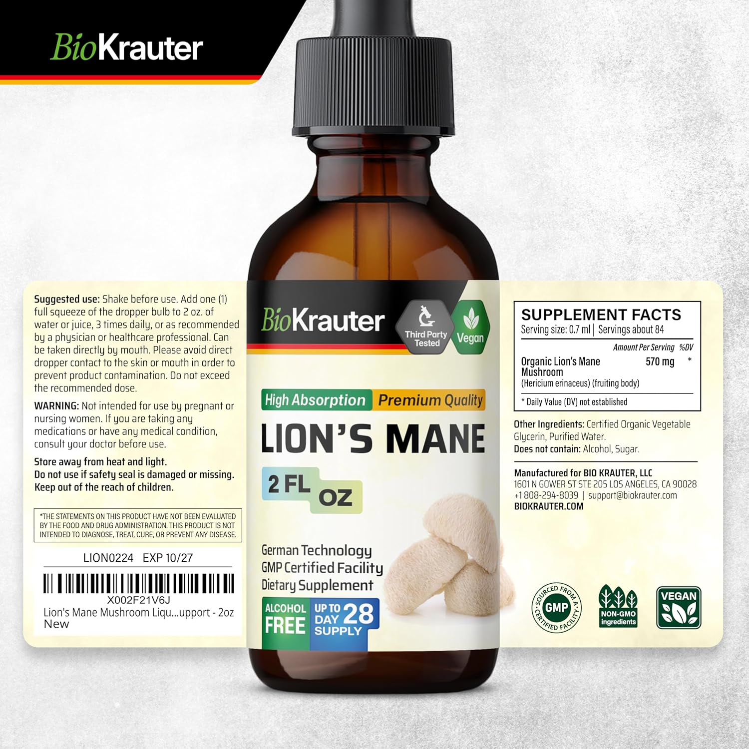 Vegan Lions Mane Liquid Extract - Mushroom Brain Support Supplement - Alcohol & Sugar Free Drops - 2 Fl.Oz.