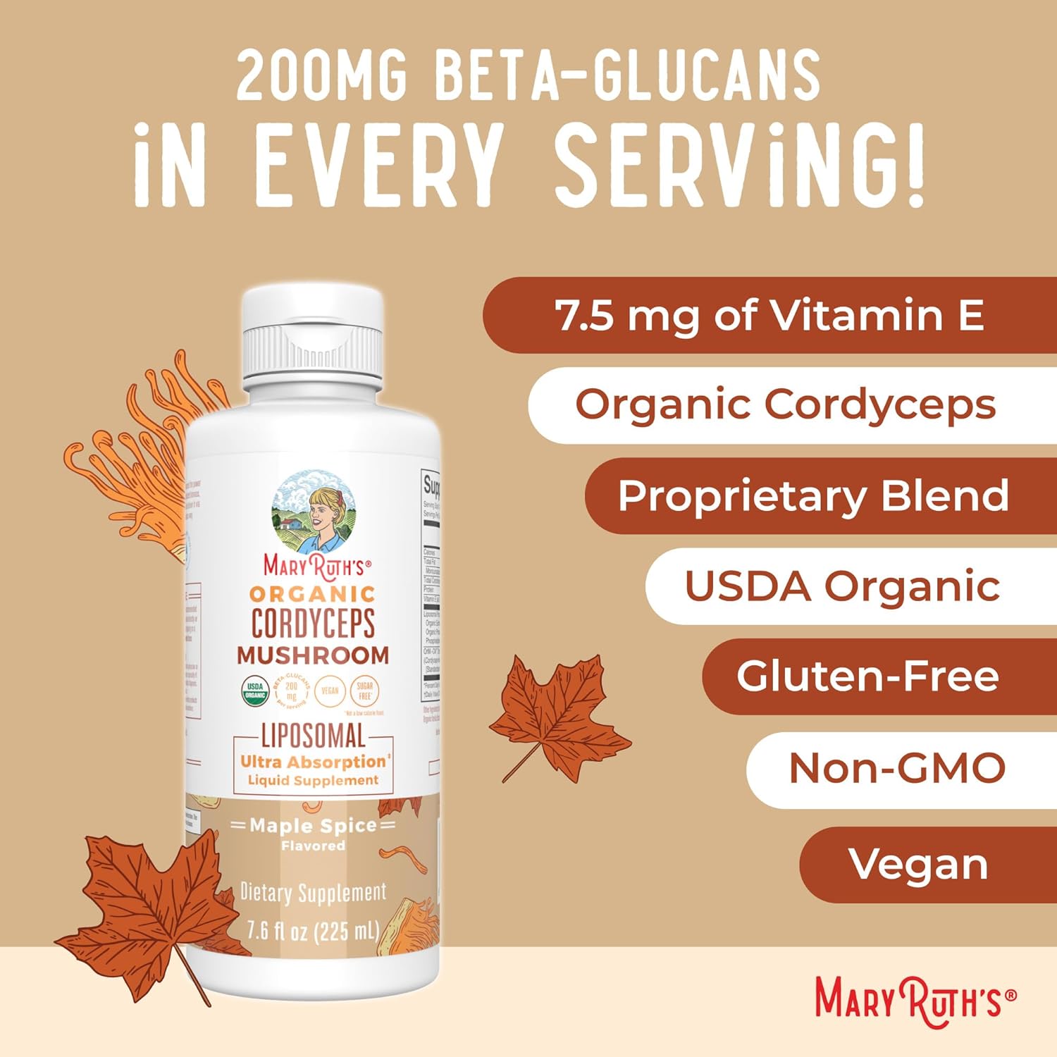 Vegan Liposomal Cordyceps & Reishi Mushroom Vitamins for Immunity & Skin, Maple Spice & Candied Pecan Flavors | Clean Label Project Verified | Non-GMO & Gluten-Free
