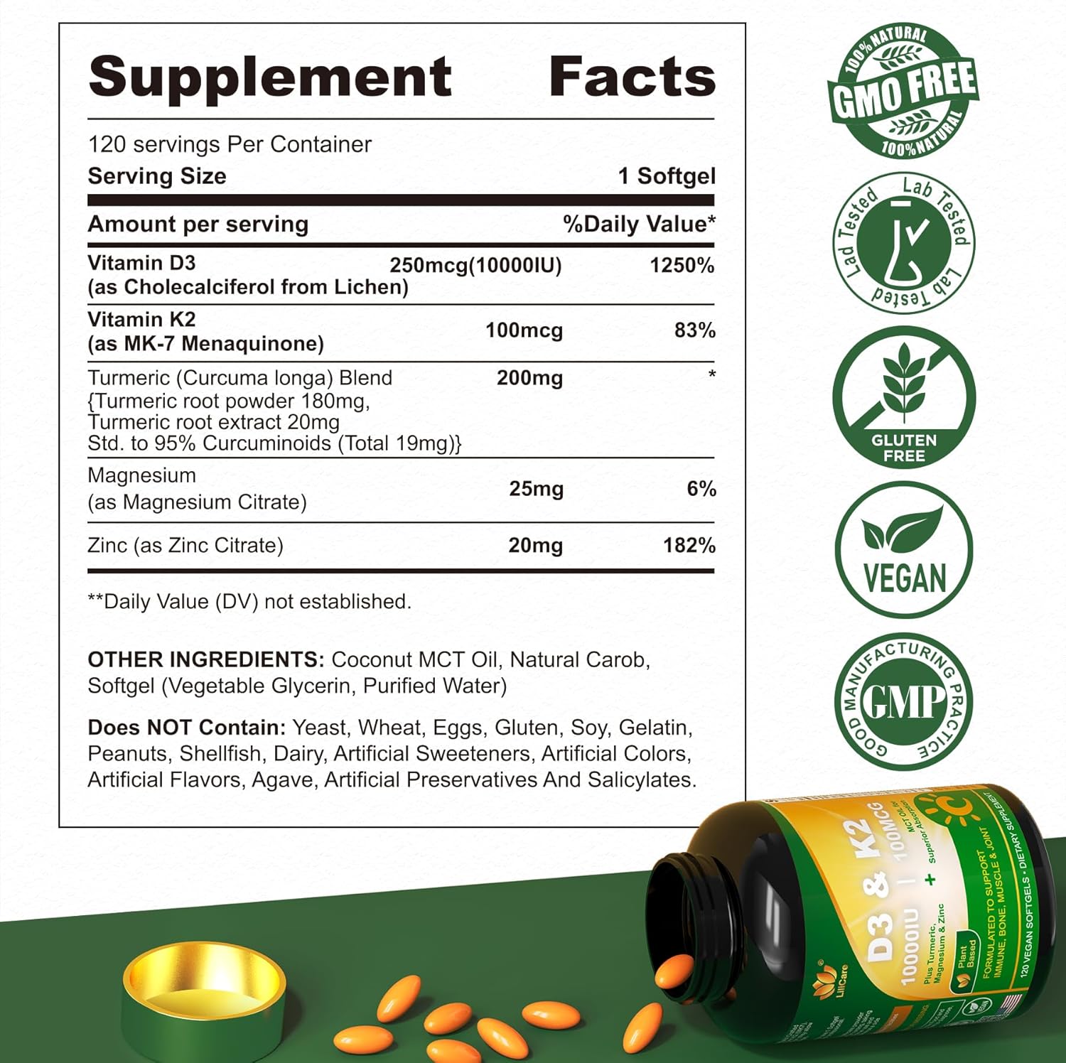 Vegan Liposomal Vitamin D3 with K2, Turmeric, MCT Oil, Magnesium & Zinc - 120 Capsules for Bone Health & Immune Support