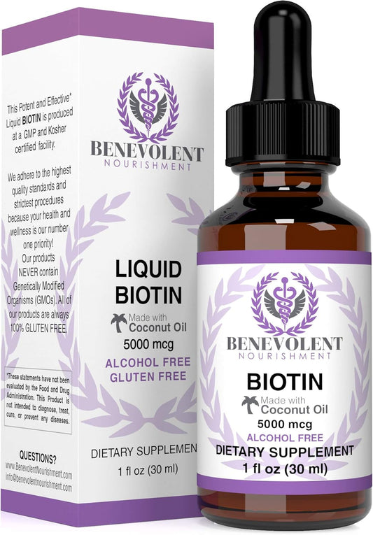 Vegan Liquid Biotin 5000 mcg Infused with Coconut Oil for Hair Growth, Skin, and Nails - Non-GMO Hair Growth Supplement