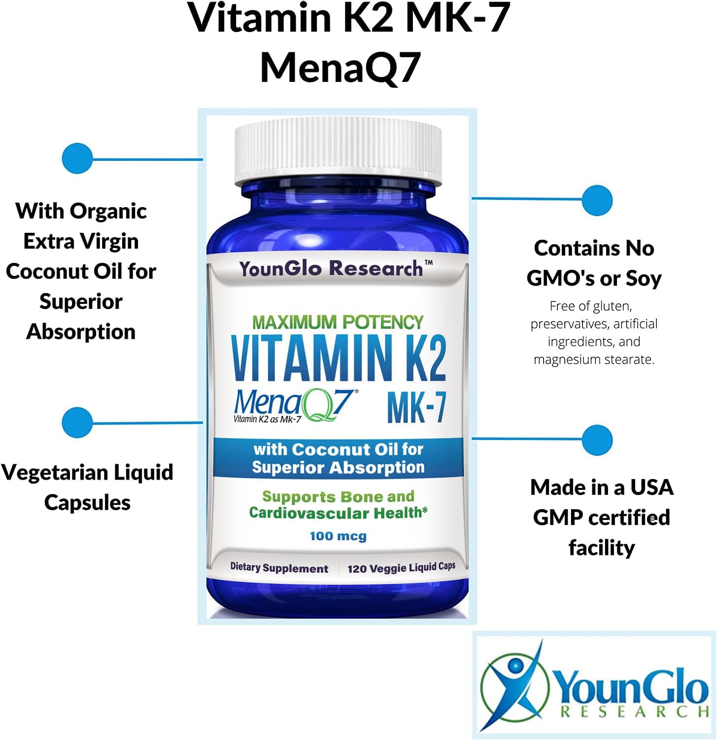Vegan Liquid Capsules with Coconut Oil for Superior Absorption, 100 mcg of Vitamin K2 MK7 (MenaQ7) Dietary Supplement for Bone Health in Adults