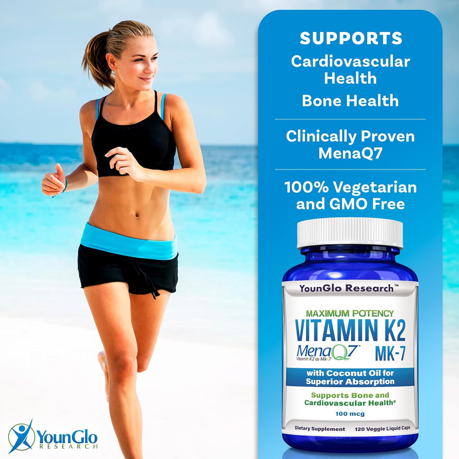 Vegan Liquid Capsules with Coconut Oil for Superior Absorption, 100 mcg of Vitamin K2 MK7 (MenaQ7) Dietary Supplement for Bone Health in Adults
