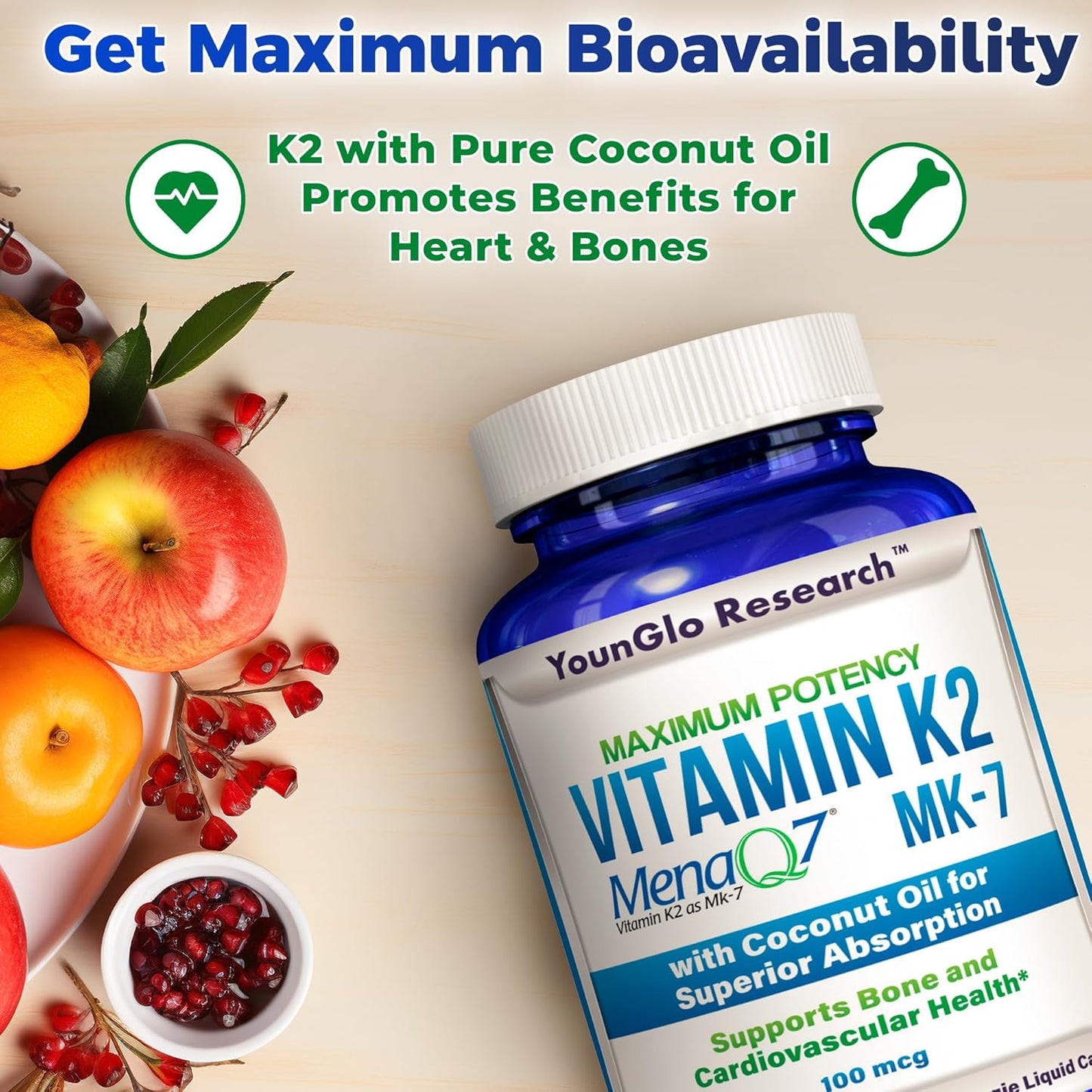 Vegan Liquid Capsules with Coconut Oil for Superior Absorption, 100 mcg of Vitamin K2 MK7 (MenaQ7) Dietary Supplement for Bone Health in Adults