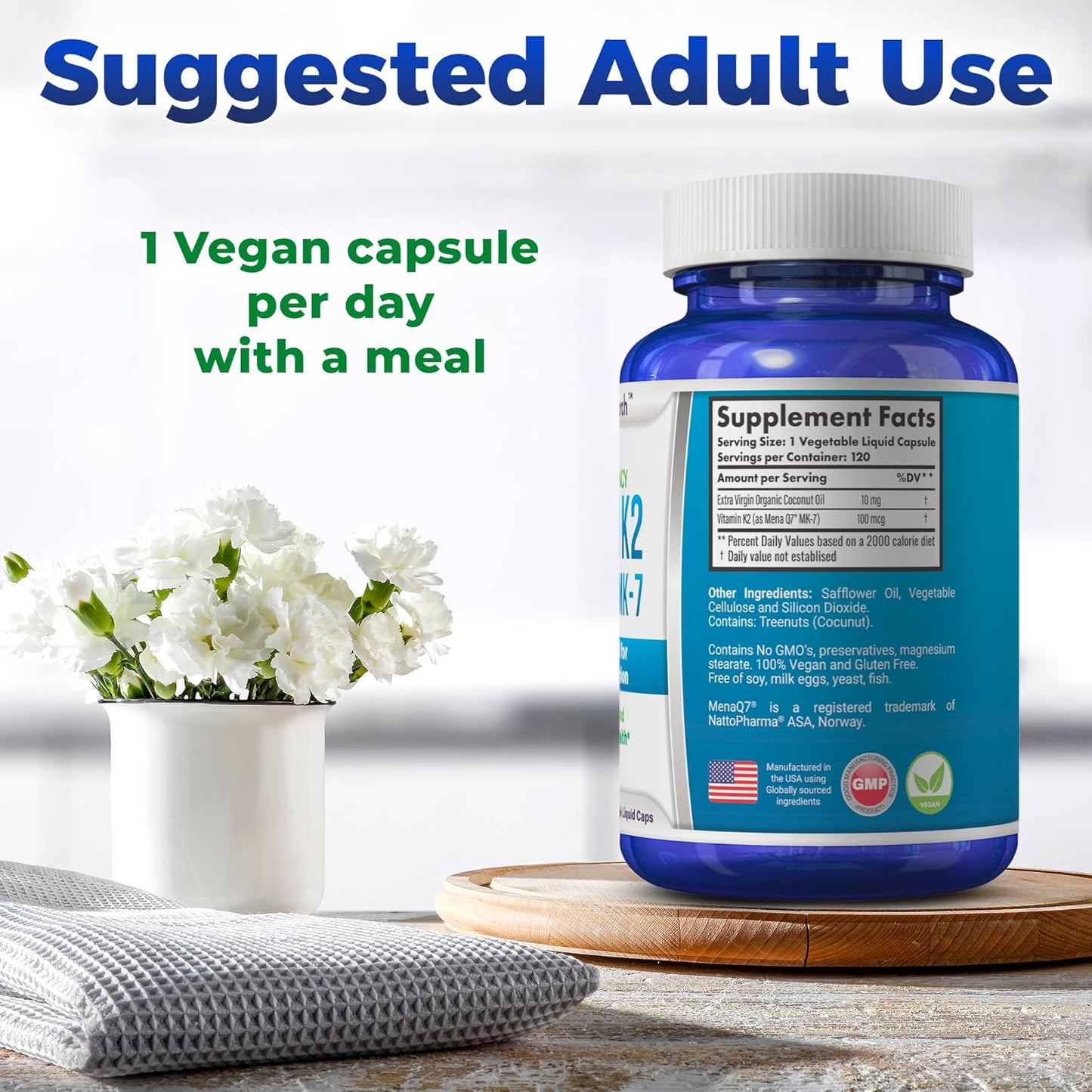 Vegan Liquid Capsules with Coconut Oil for Superior Absorption, 100 mcg of Vitamin K2 MK7 (MenaQ7) Dietary Supplement for Bone Health in Adults