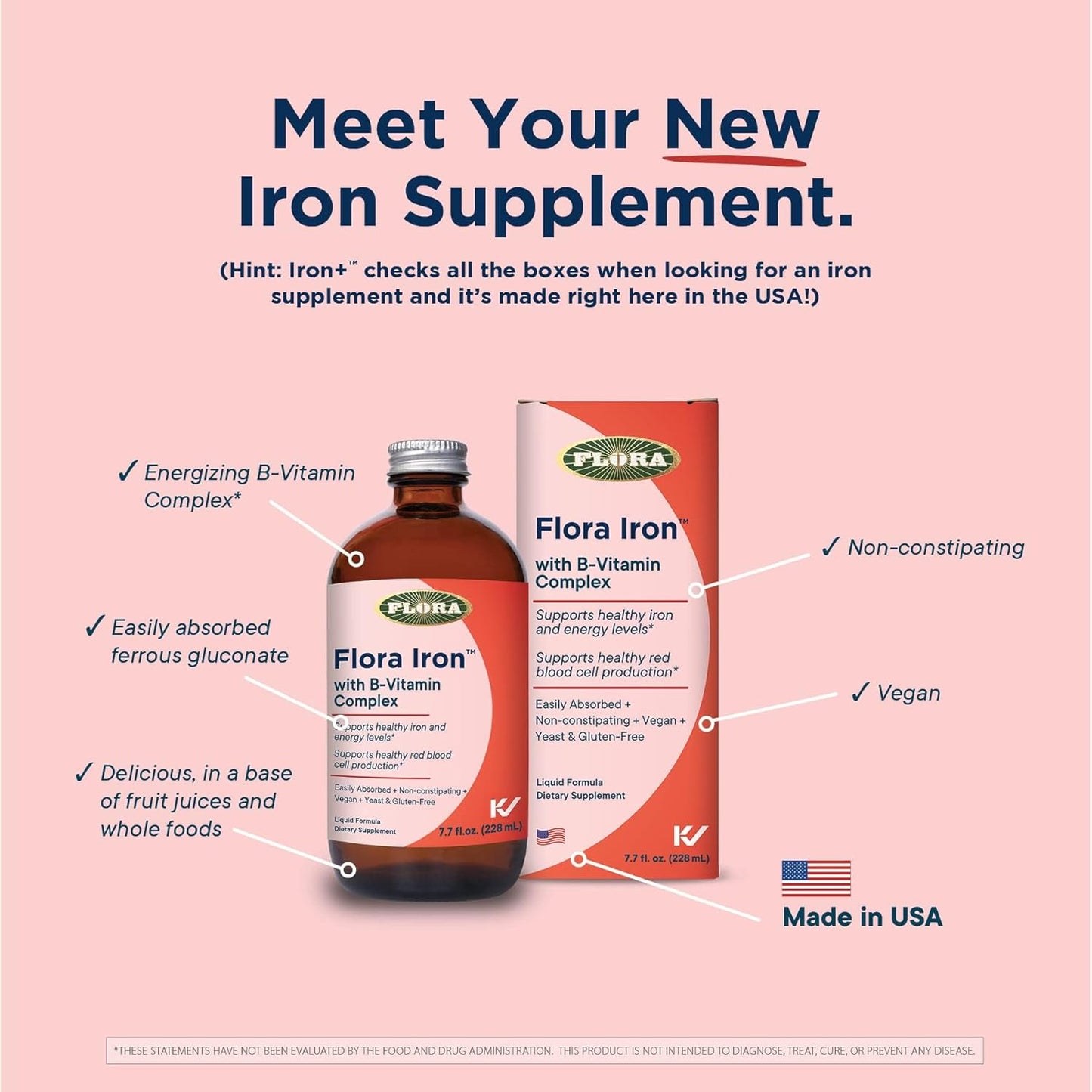 Vegan Liquid Iron Supplement with B-Vitamin Complex for Healthy Iron Levels - Non-Constipating & Highly Absorbable - Gluten & Yeast Free - 7.7oz Bottle