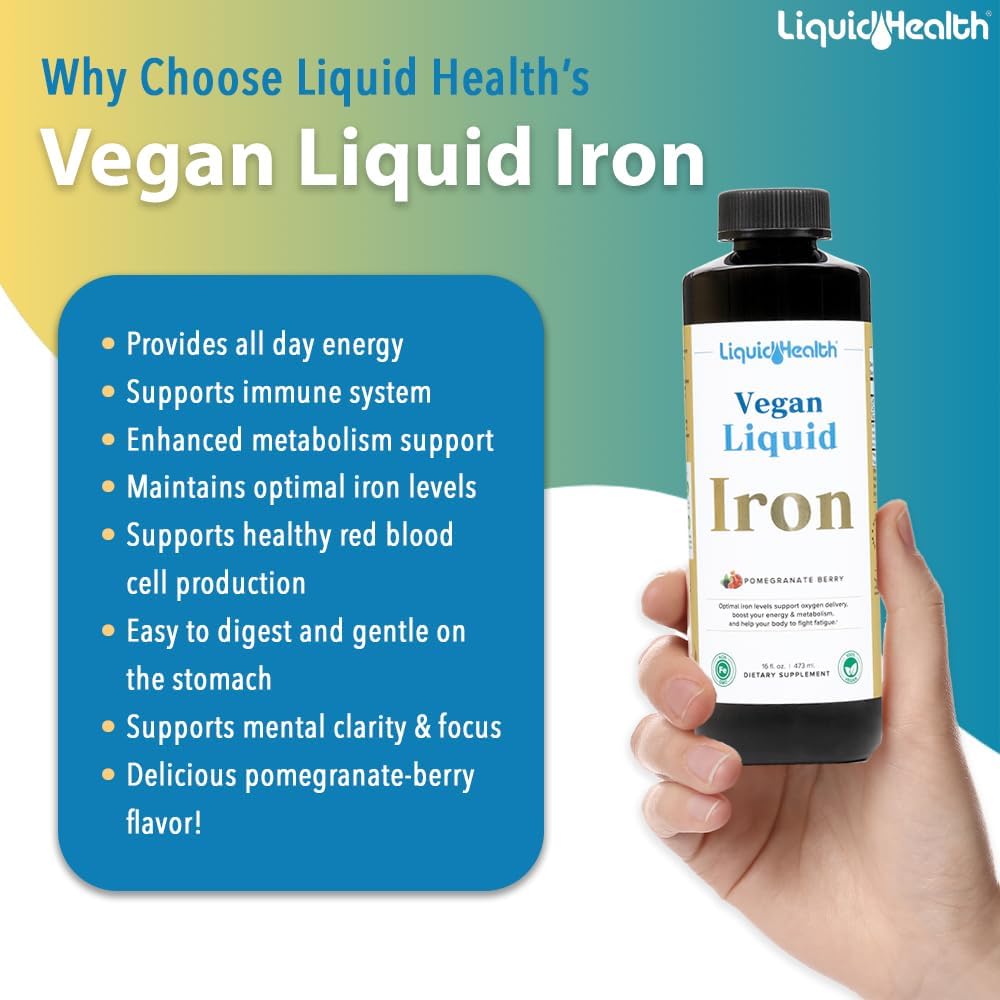 Vegan Liquid Iron Supplement with SunActive & Ferrochel Iron - Natural Energy Boost, Immune Support, Mental Clarity, Prenatal - Non-GMO, Sugar Free - 16 oz