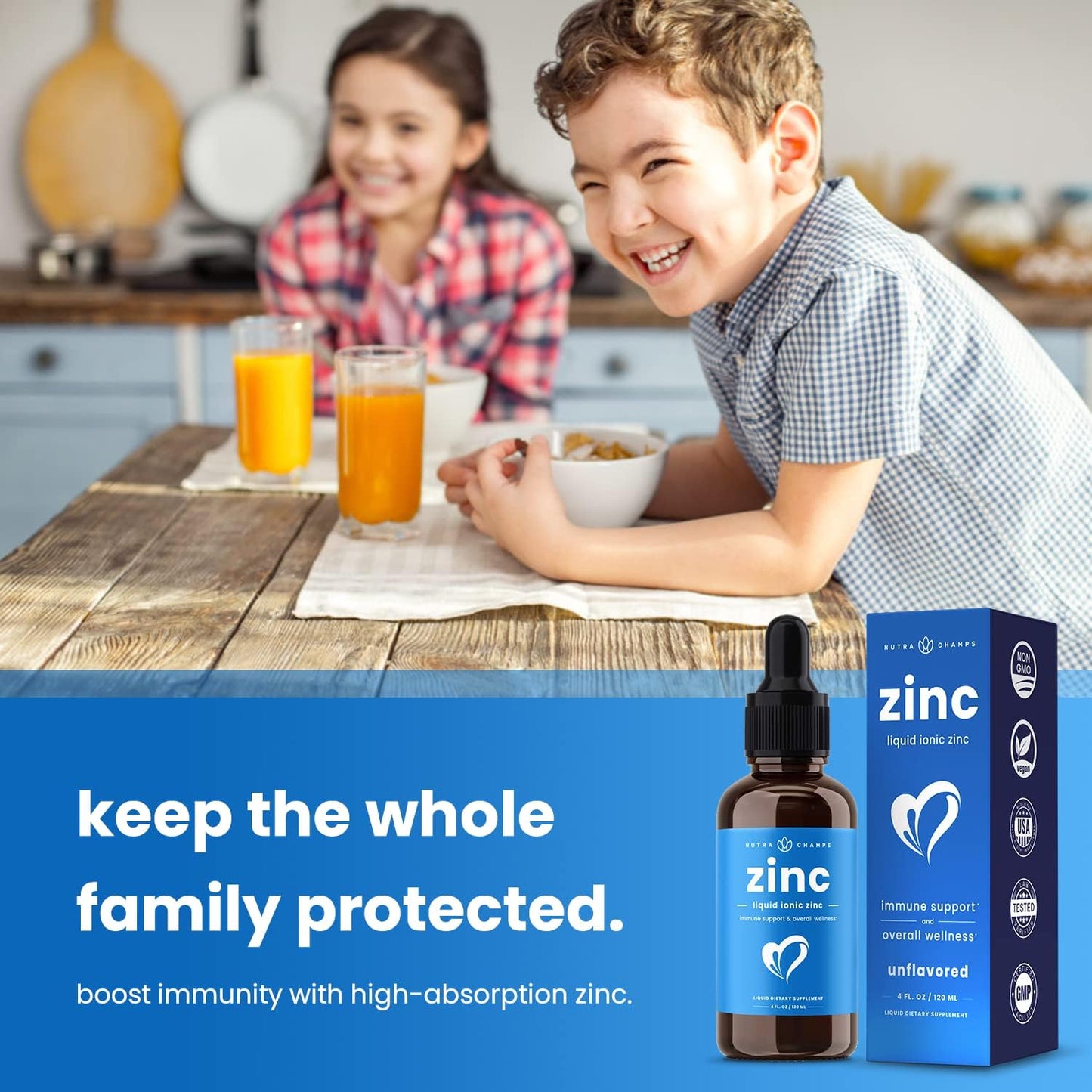 Vegan Liquid Zinc Drops with Vitamin C for Immune Support - 4 oz Sugar-Free Supplement for Kids & Adults