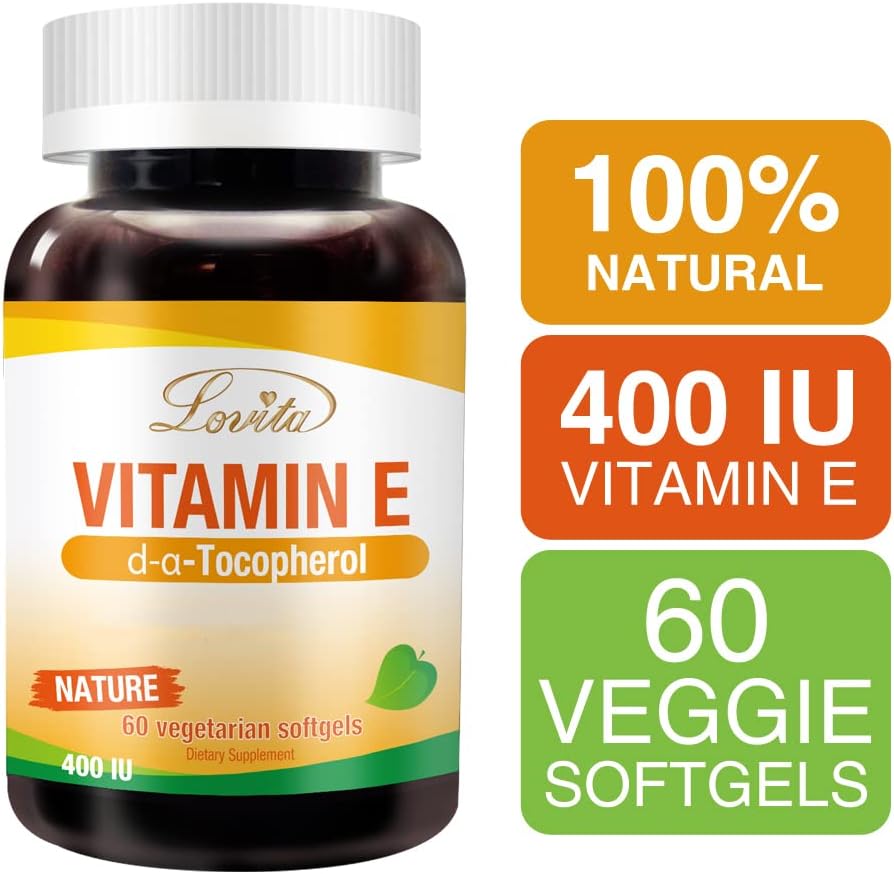 Vegan Lovita Vitamin E Softgels 400 IU - Natural D Alpha Tocopherol for Skin, Hair, Nails & Immune Support - 60 Vegetarian Capsules