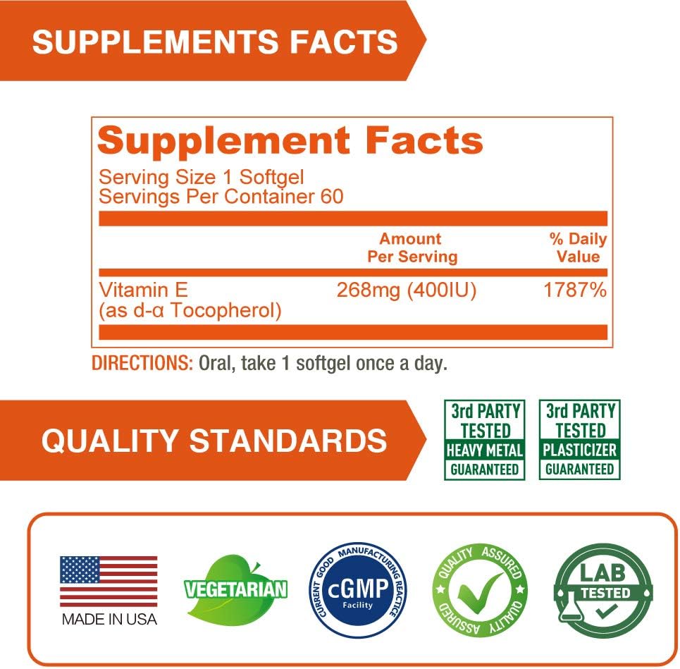 Vegan Lovita Vitamin E Softgels 400 IU - Natural D Alpha Tocopherol for Skin, Hair, Nails & Immune Support - 60 Vegetarian Capsules