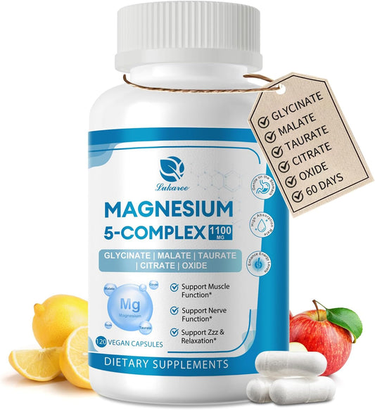 Vegan Lukaree 5-in-1 Magnesium Complex Supplement with Vitamins & Herbal Extracts - 60 Day Supply - Promotes Calm, Bone Health, Muscle Energy, and Cortisol Balance