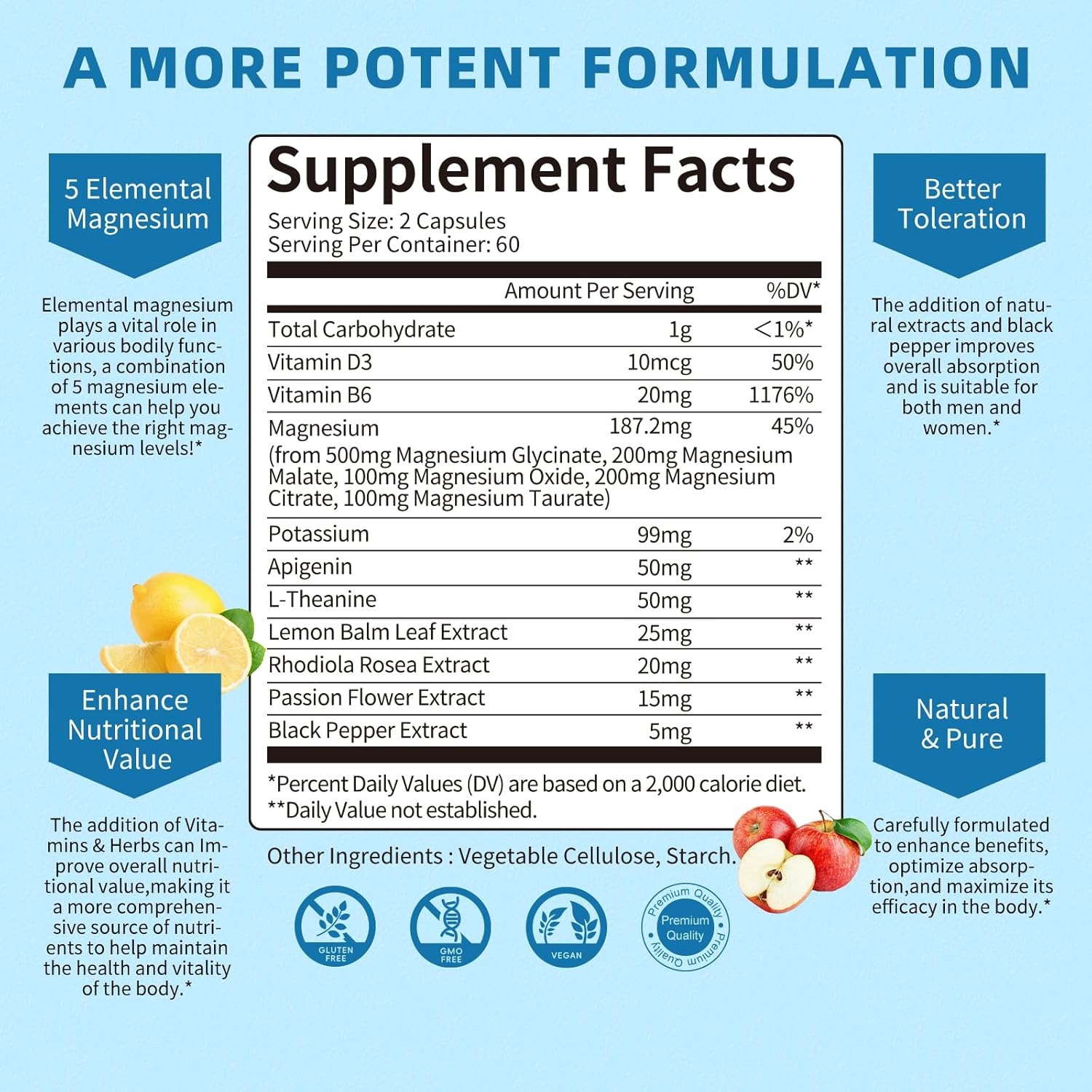 Vegan Lukaree 5-in-1 Magnesium Complex Supplement with Vitamins & Herbal Extracts - 60 Day Supply - Promotes Calm, Bone Health, Muscle Energy, and Cortisol Balance