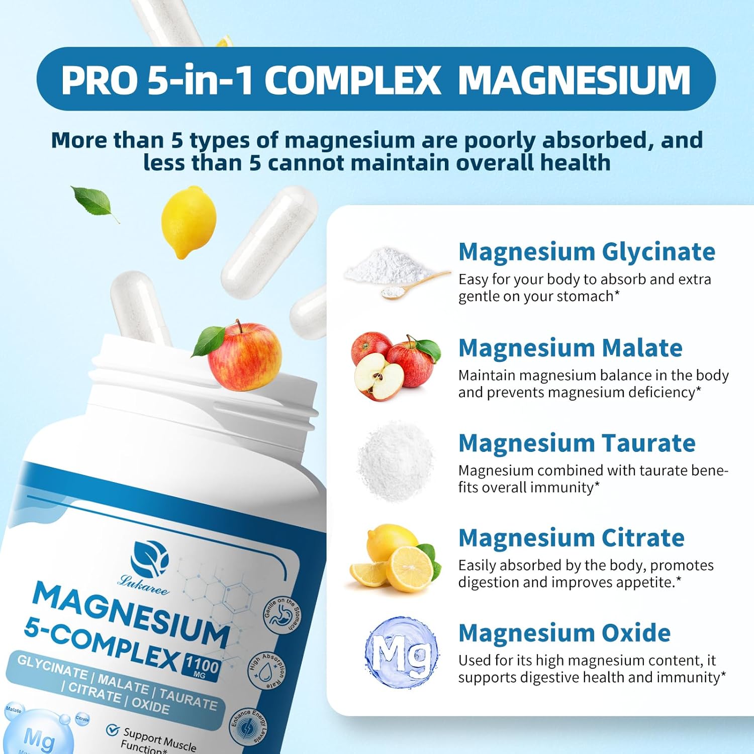 Vegan Lukaree 5-in-1 Magnesium Complex Supplement with Vitamins & Herbal Extracts - 60 Day Supply - Promotes Calm, Bone Health, Muscle Energy, and Cortisol Balance