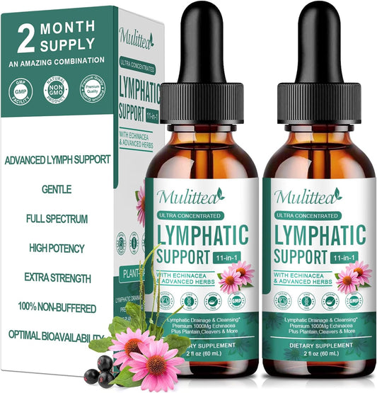 Vegan Lymphatic Drainage Drops with 11 Supplements for Lymph System Support - Detox Cleanse - Non-GMO - 2 fl oz - 60 Servings - 2 Pack