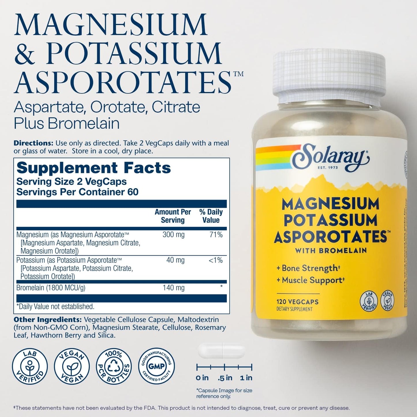 Vegan Magnesium and Potassium Asporotate Supplement with Bromelain for Bone and Muscle Health - 120 VegCaps, 60 Servings
