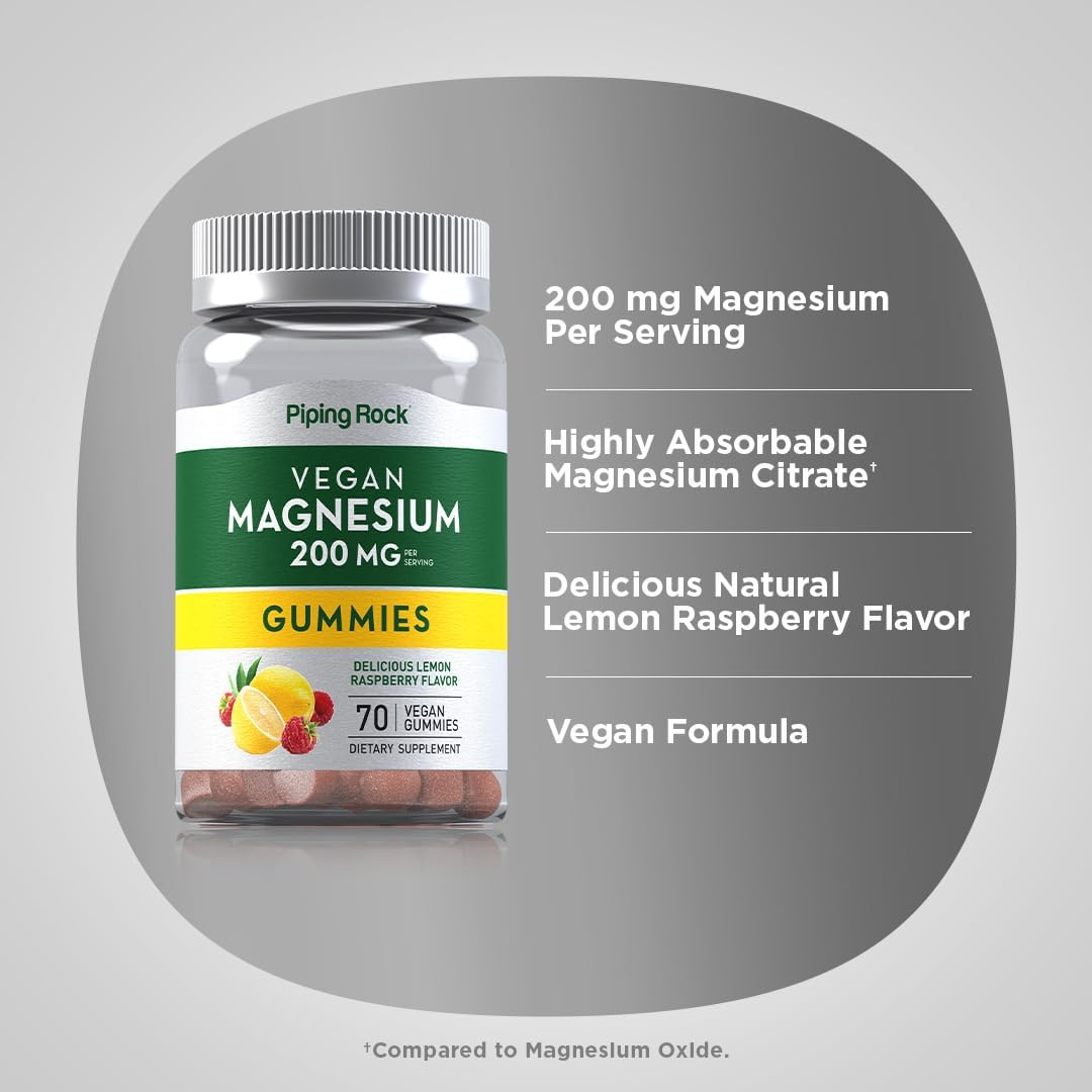 Vegan Magnesium Citrate Gummies 200 mg | 70 Count | Lemon Raspberry Flavor | Non-GMO Dietary Supplement
