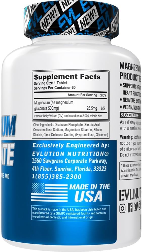 Vegan Magnesium Gluconate Supplement for Muscle, Nerve, and Heart Health - Non-GMO - 60 Servings