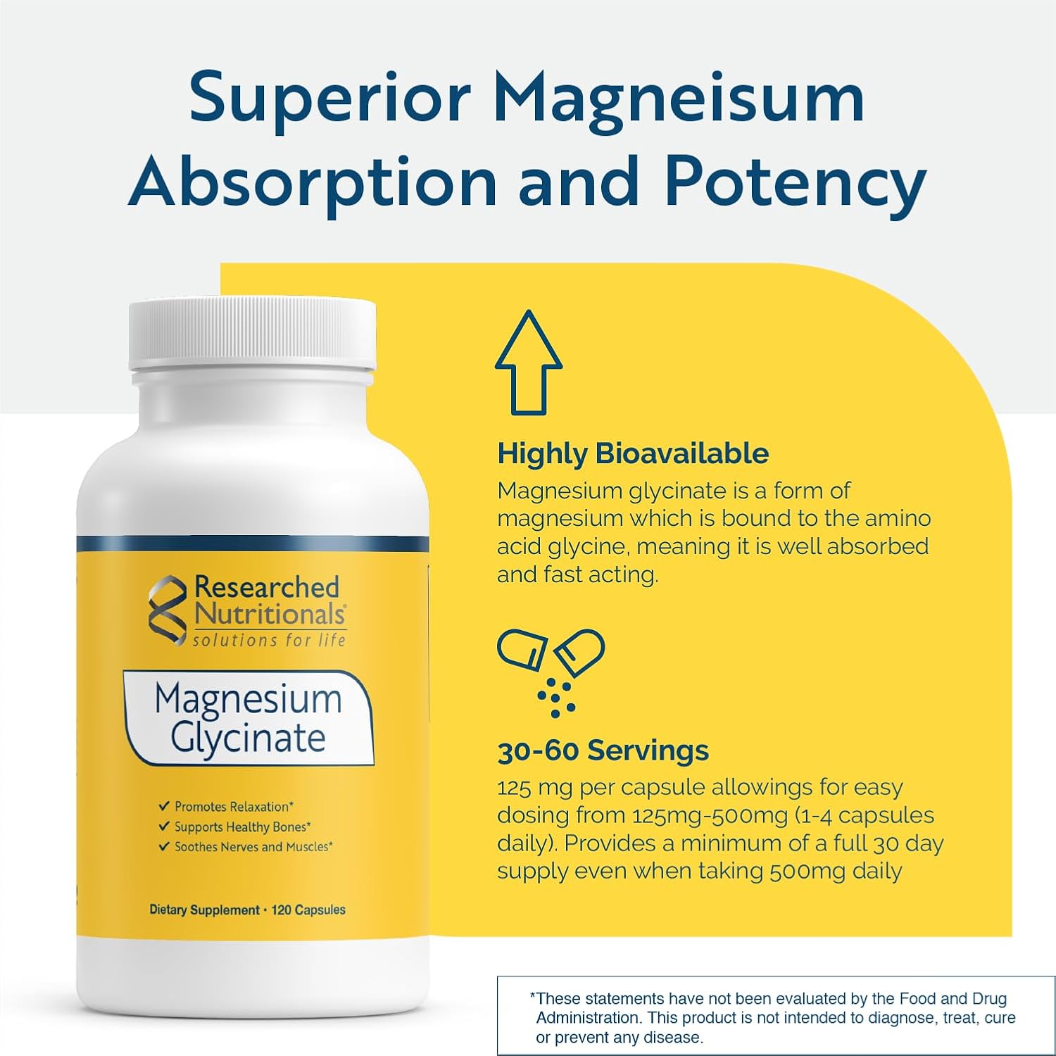 Vegan Magnesium Glycinate Capsules for Bone Health & Energy - High Absorption 125mg Supplement - Non-GMO (120 Capsules)