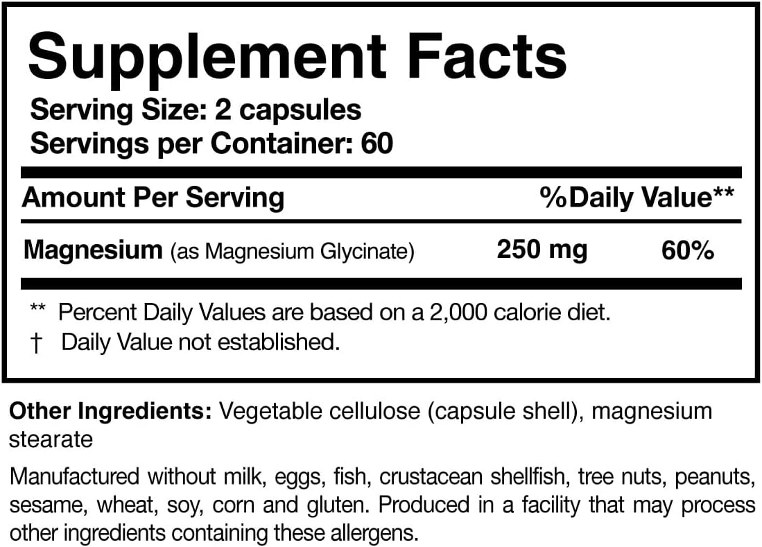 Vegan Magnesium Glycinate Capsules for Bone Health & Energy - High Absorption 125mg Supplement - Non-GMO (120 Capsules)