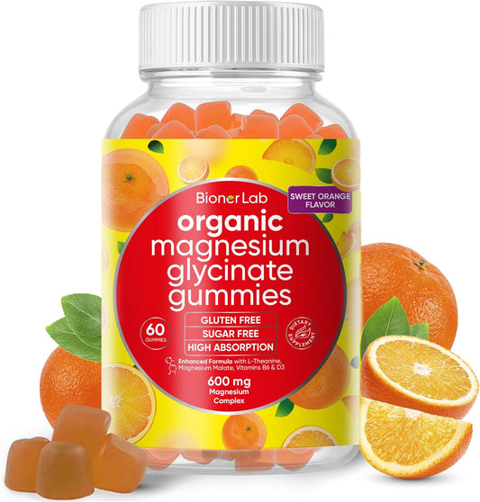 Vegan Magnesium Glycinate Chewable Gummies (600mg) with Calcium, Potassium, Vitamin D, B6, L-Theanine - Sugar & Gluten Free - Orange Flavor for Kids & Adults