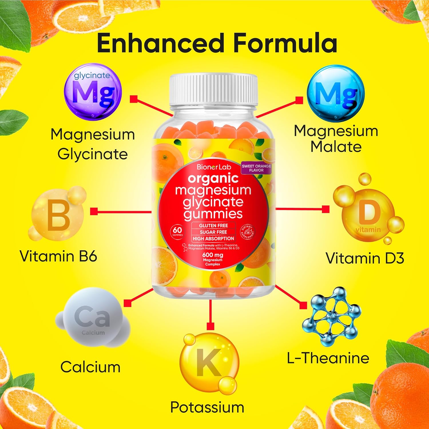 Vegan Magnesium Glycinate Chewable Gummies (600mg) with Calcium, Potassium, Vitamin D, B6, L-Theanine - Sugar & Gluten Free - Orange Flavor for Kids & Adults